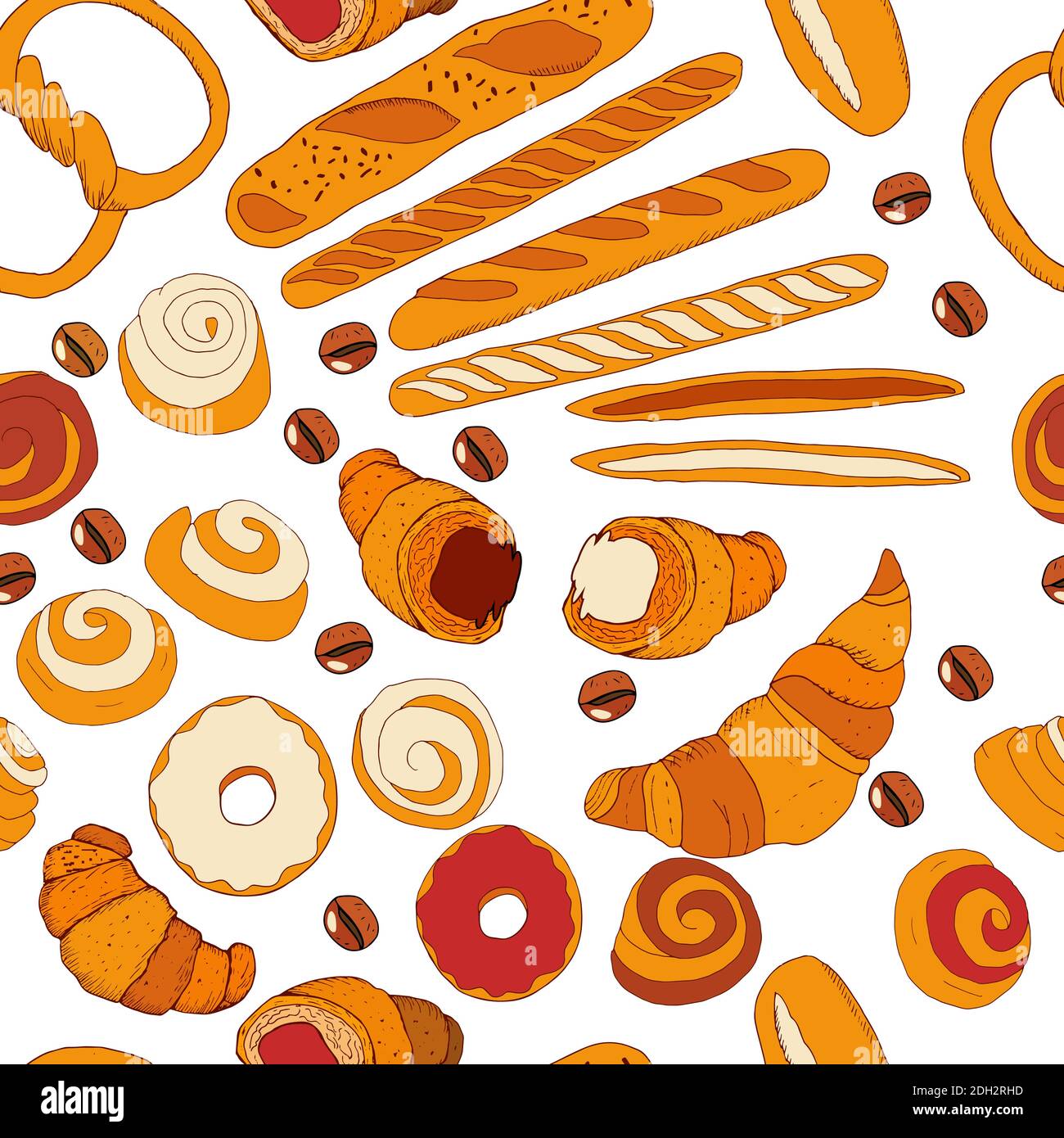 Modello vettoriale senza giunture con diversi tipi di panetteria. Isolare gli oggetti su sfondo bianco. Texture disegnata a mano senza fine. Per il tuo progetto Illustrazione Vettoriale
