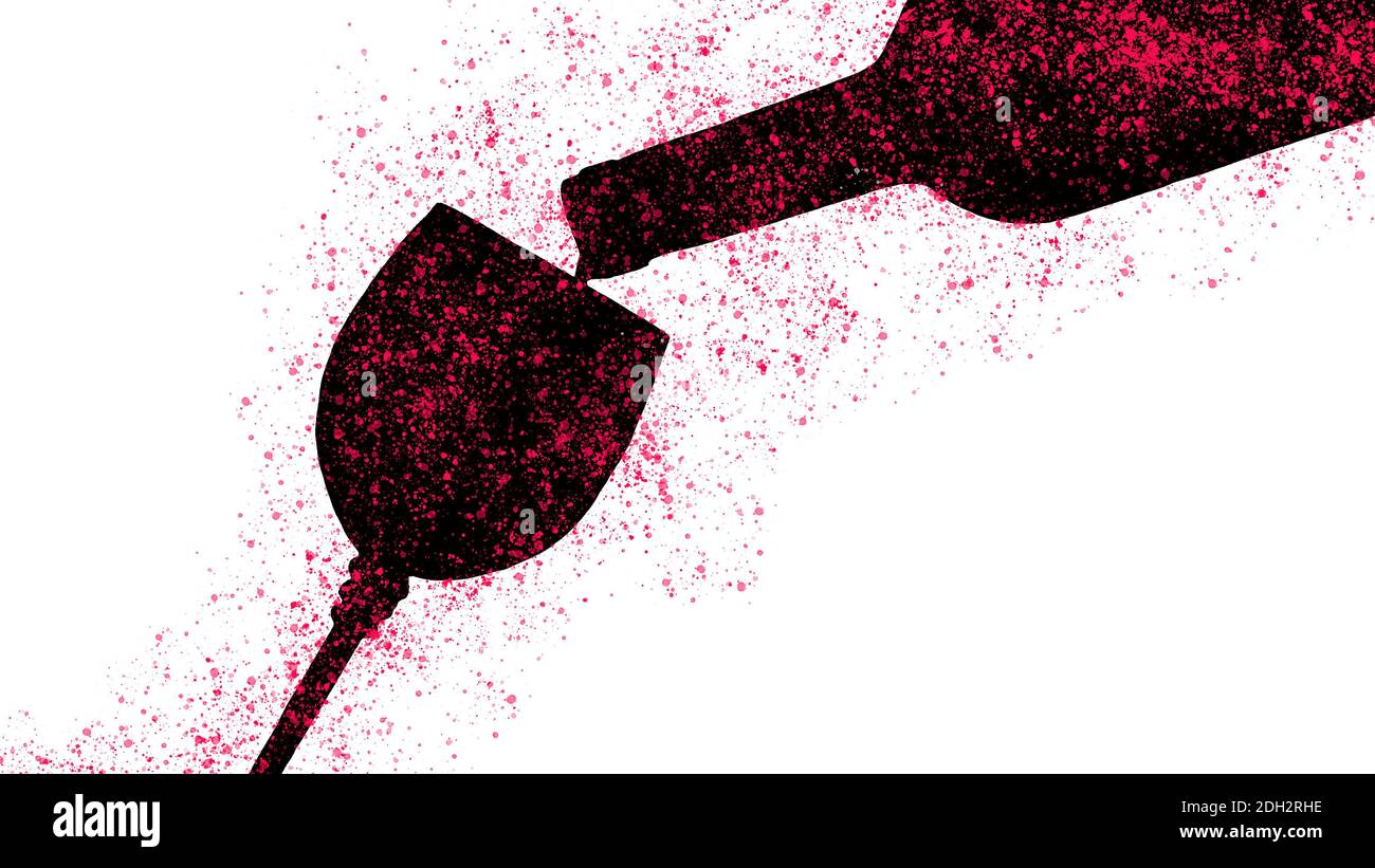Illustrazione colorata di versare il vino in un bicchiere di vino, immagine creativa con una bottiglia, spruzzi rossi, gocce di vino. Foto Stock