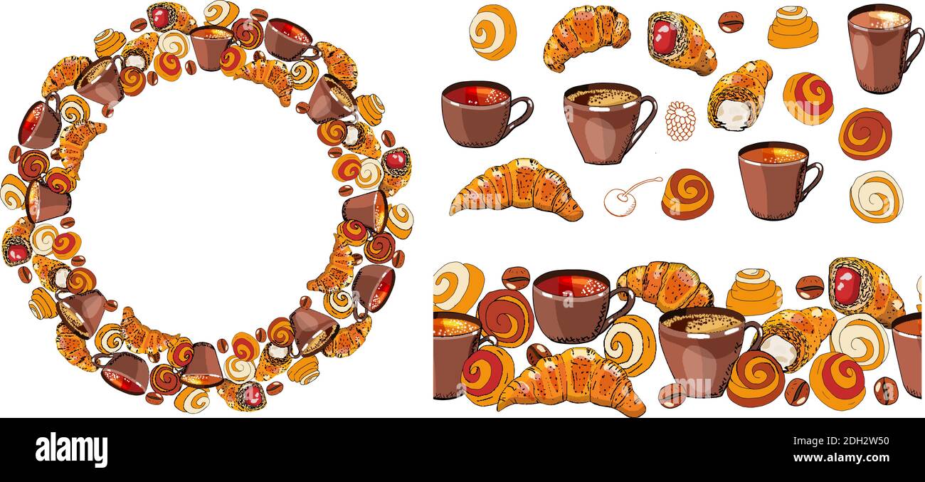 Set di elementi disegnati a mano. Tazze di caffè e tè, chicchi di caffè, croissant e panini, contorni di frutti di bosco su sfondo bianco. Illustrazione Vettoriale