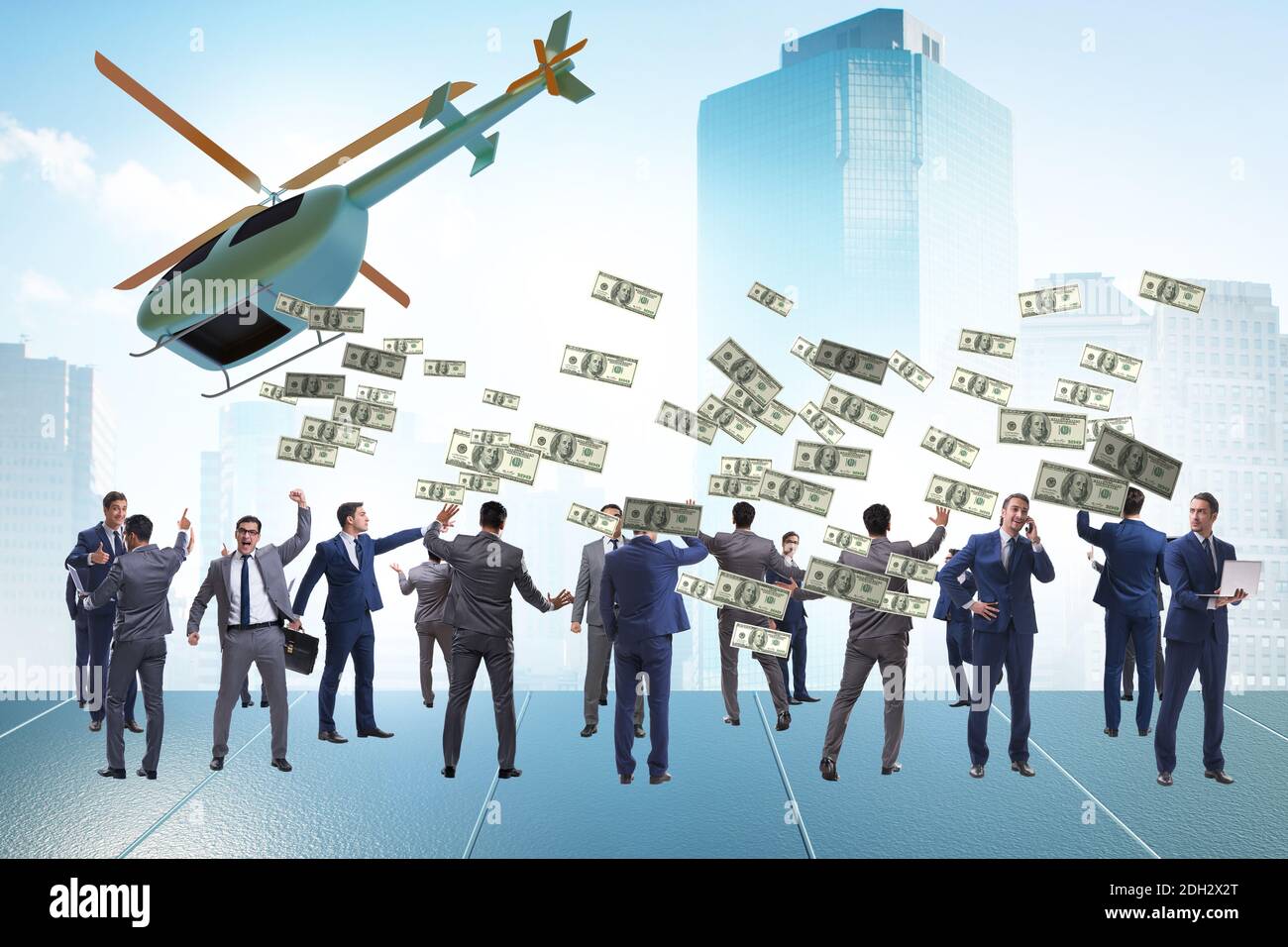 Uomo d'affari in concetto di denaro elicottero Foto Stock