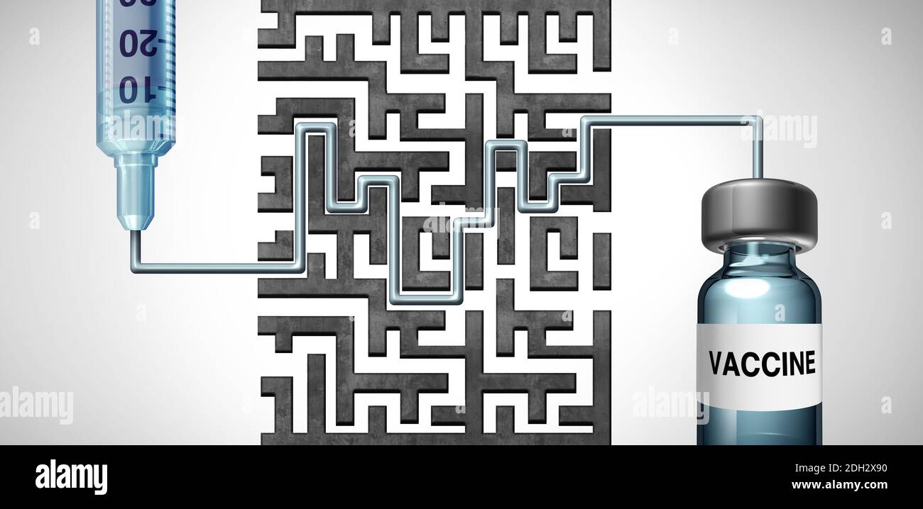 Sfide vaccinali e soluzione vaccinale e terapia medica o trattamento medico e infezione virus concetto di strategia di trattamento. Foto Stock