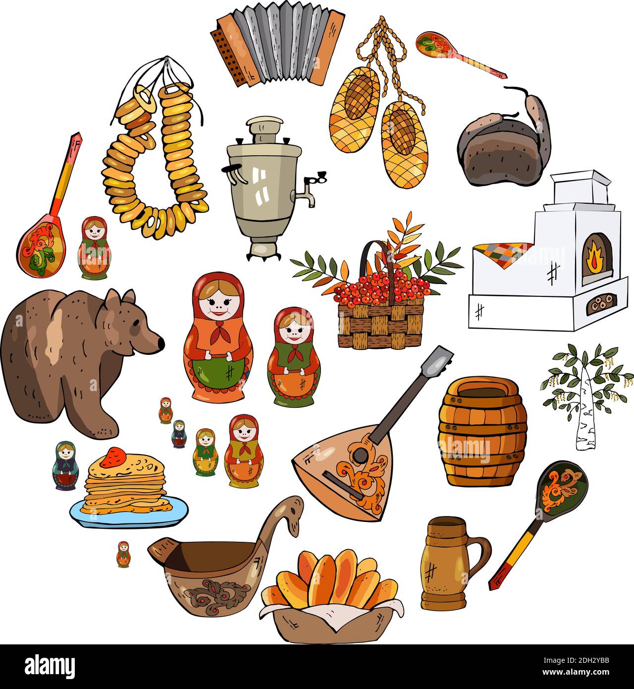 Collezione vettoriale di immagini della cultura russa, tra cui bambola russa, balalaika, matryoshka, fisarmonica, samovar, bagel, torte, cucchiaio, pancake, caviale, Illustrazione Vettoriale