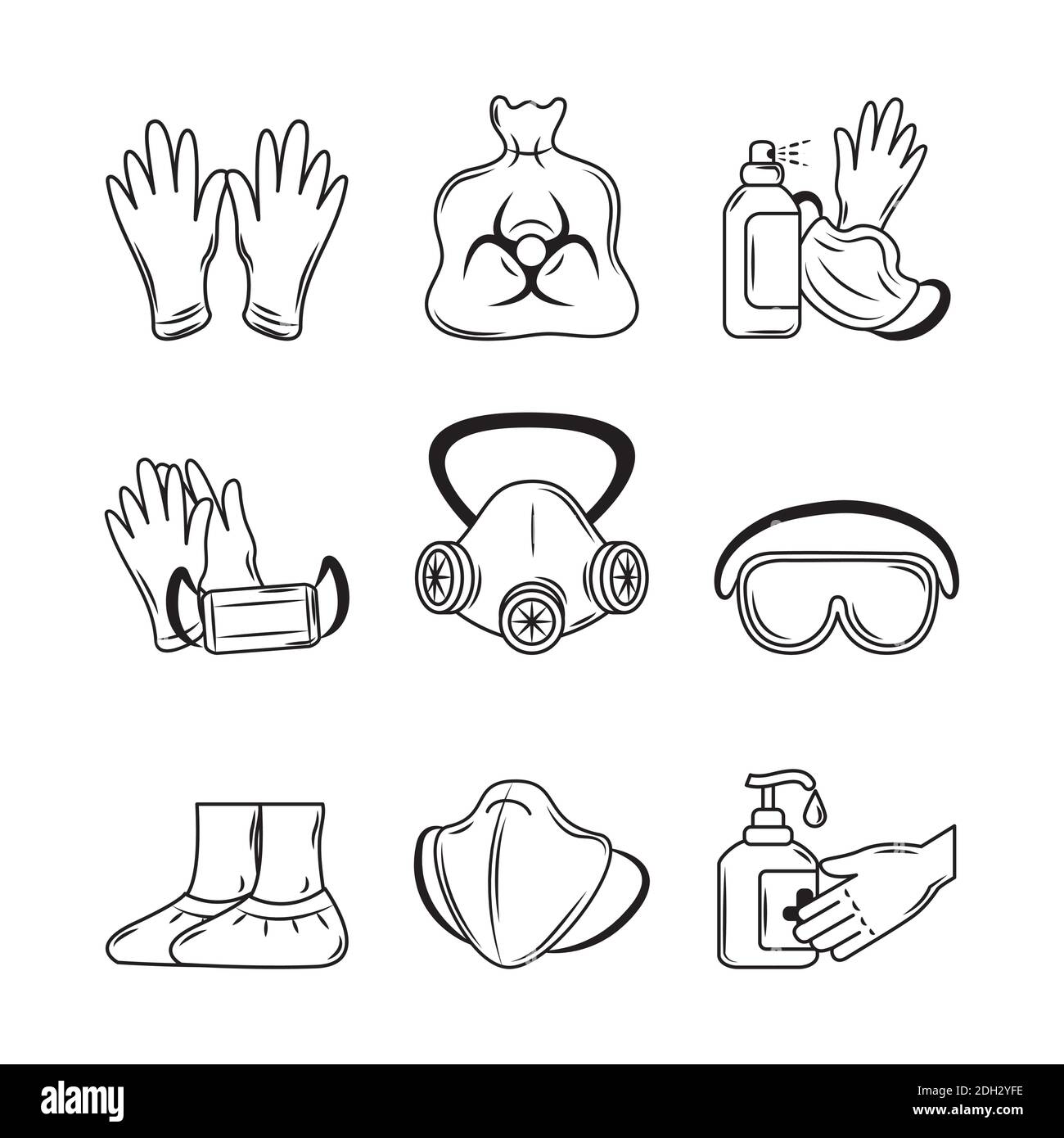 dispositivi di protezione per uso medico icona maschera facciale, guanti,  copriscarpe, rifiuti a rischio biologico disegno vettoriale Immagine e  Vettoriale - Alamy