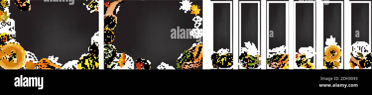 Striscioni orizzontali con mele, fette di mele, torte di mele, caraffa per succo di mela, cesto di raccolta sulla lavagna. Illustrazione degli alimenti disegnati a mano. Illustrazione Vettoriale