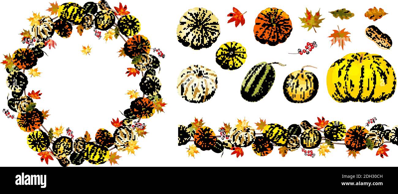 Insieme di elementi autunnali isolati su sfondo bianco. Zucche, foglie Illustrazione Vettoriale