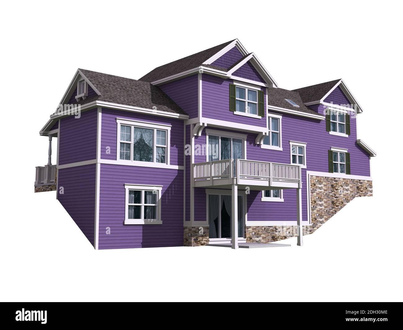 3D Illustrazione di una casa con un lato dipinto in ultravioletto, il colore dell'anno nel 2018, isolato su bianco con il percorso di lavoro incluso nella fi Foto Stock