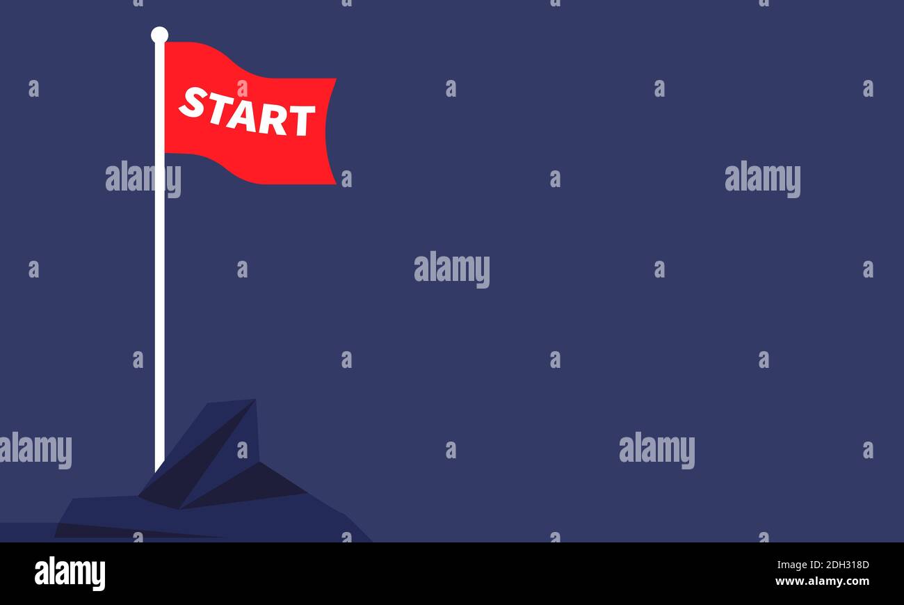 Bandiera rossa con la parola INIZIARE creativo business background. Illustrazione vettoriale del concetto di start up business Illustrazione Vettoriale