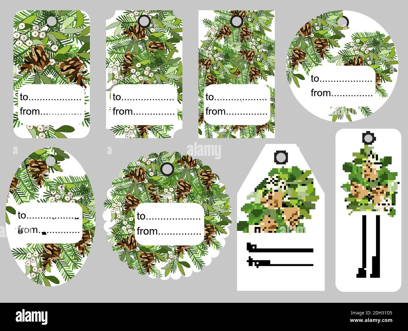 Set di tag Natale e Capodanno. Vuoto e come regalo per un regalo. Etichette di carta natalizie. Design piatto. Design del badge Vector stagionale. Illustrazione Vettoriale