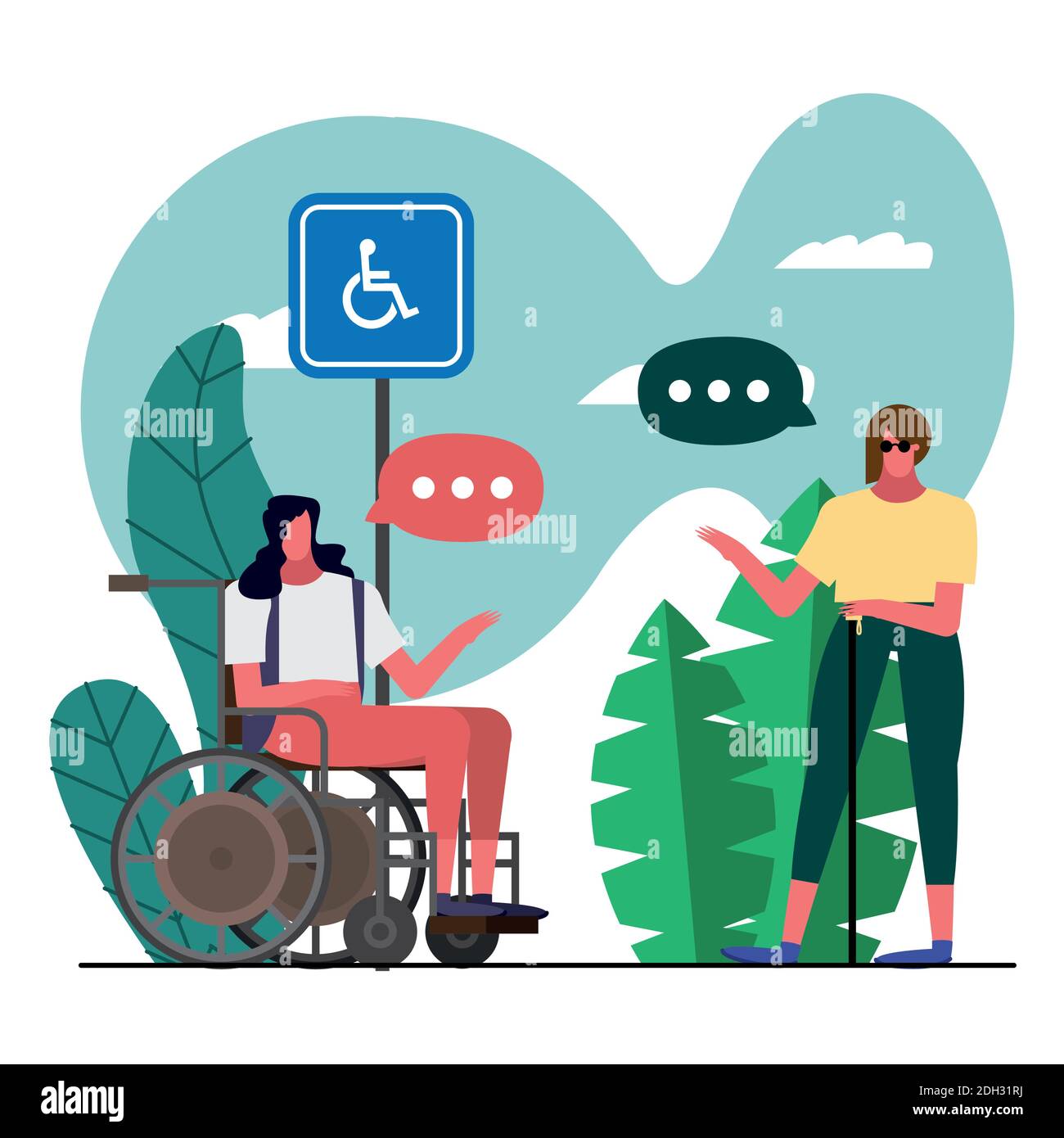 donne con sedia a rotelle e non vedenti disabilitano i caratteri disegno vettoriale illustrazione Illustrazione Vettoriale