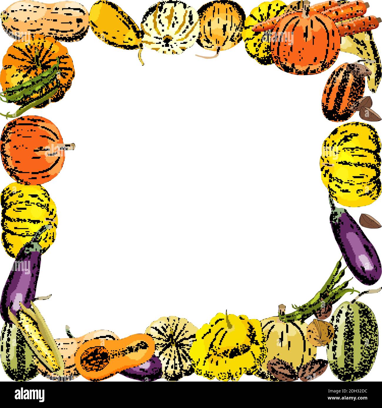 Orizzontale quadrato autunno cornice rettangolare colorato composto da diverse verdure fresche. Illustrazione della scheda vettoriale. Zucche rettangolari con cornice di mela, zuc Illustrazione Vettoriale