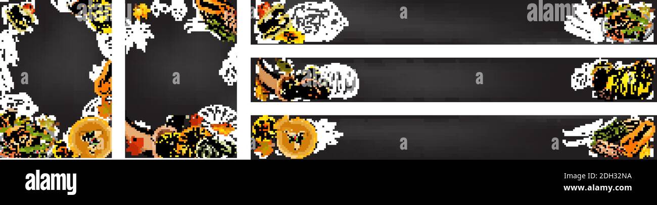 Striscioni orizzontali con mele, fette di mele, torte di mele, caraffa per succo di mela, cesto di raccolta sulla lavagna. Illustrazione degli alimenti disegnati a mano. Illustrazione Vettoriale