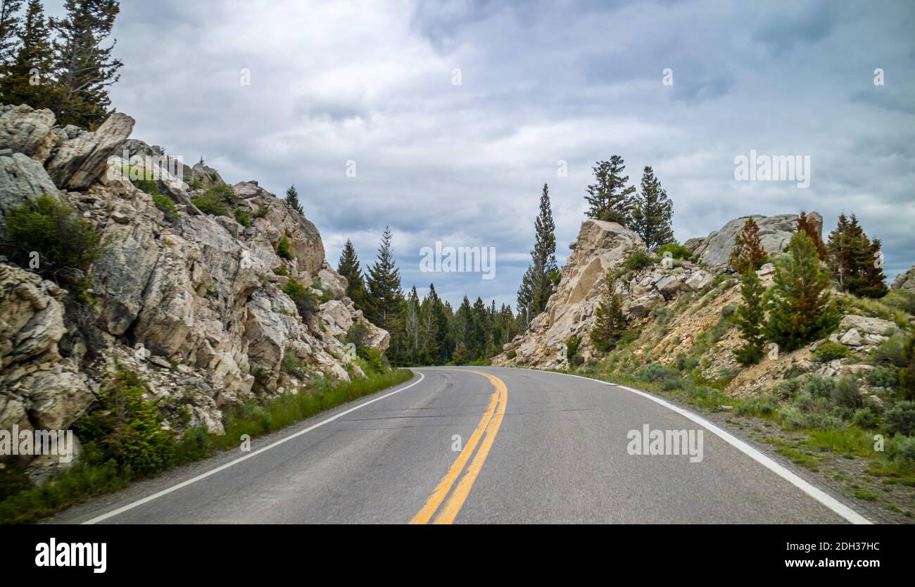 Lungo la strada del parco nazionale di Yellowstone, Wyoming Foto Stock