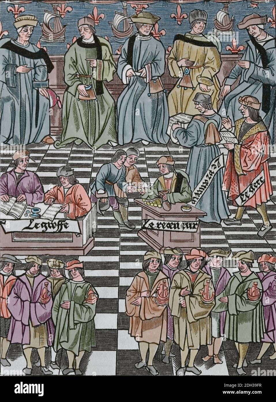 Assemblea della provinciazione del commerciante di Parigi, 1528. Incisione. Colorazione successiva. Foto Stock