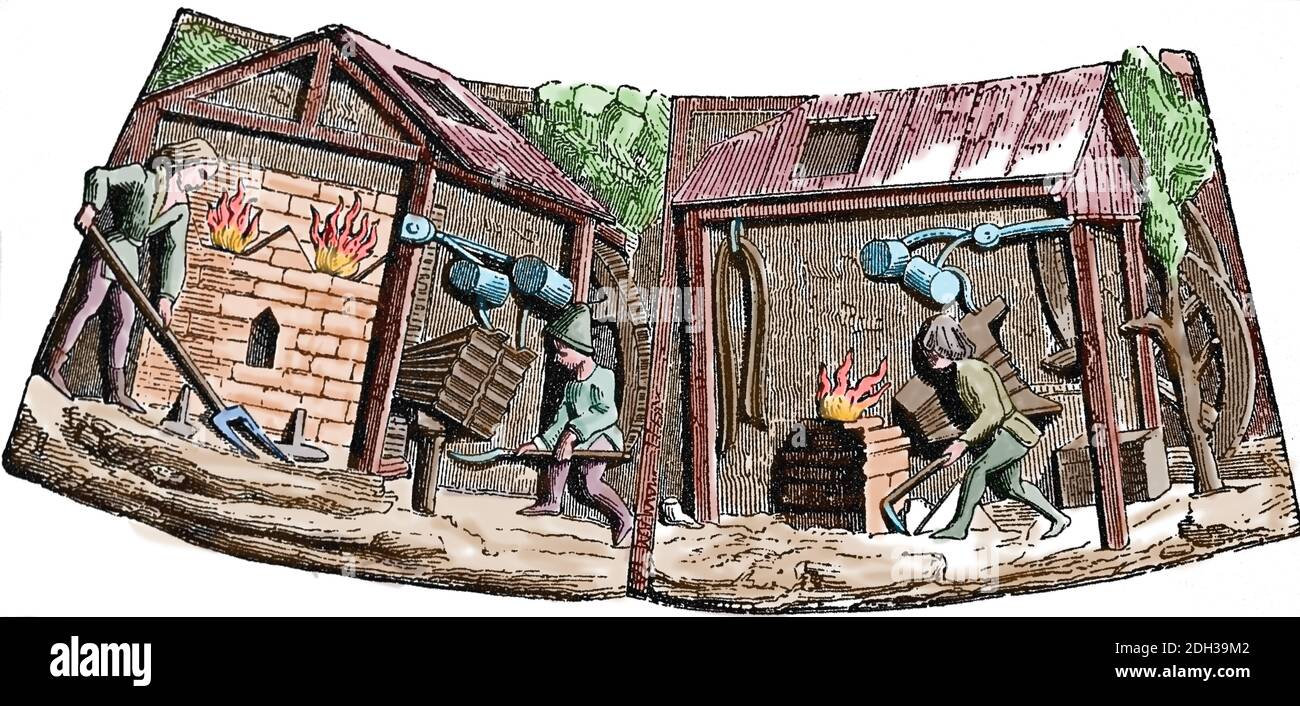 Metallurgia. La fonderia dei metalli. Incisione. Colorazione successiva. Foto Stock