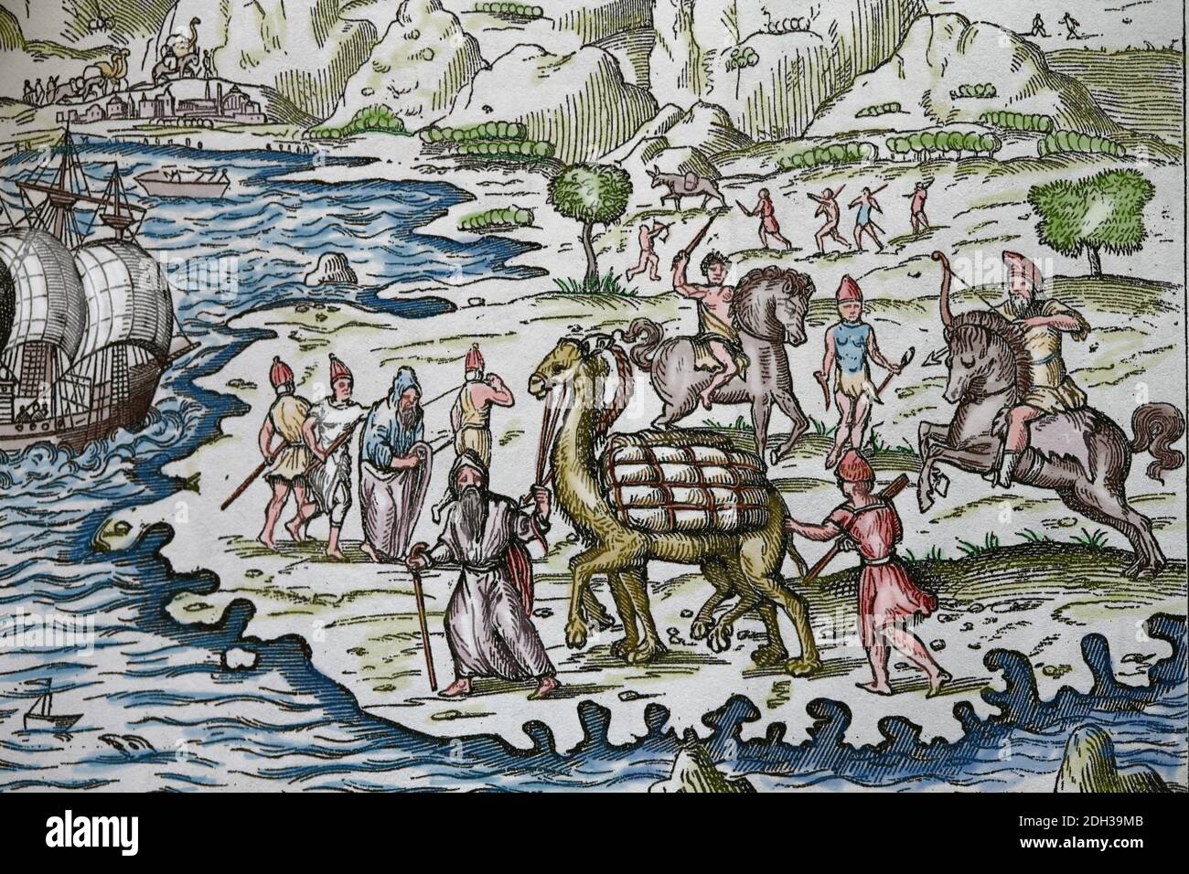 Trasporto di merci sul dorso di cammelli, 1575. Incisione. Colorazione successiva. Foto Stock