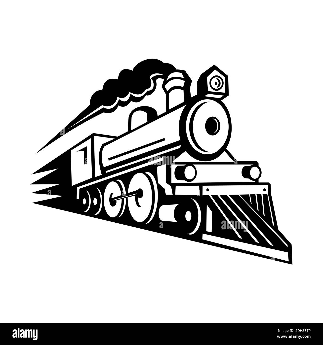 Locomotiva a vapore che velocizza Forward retro Mascot Bianco e nero Foto Stock