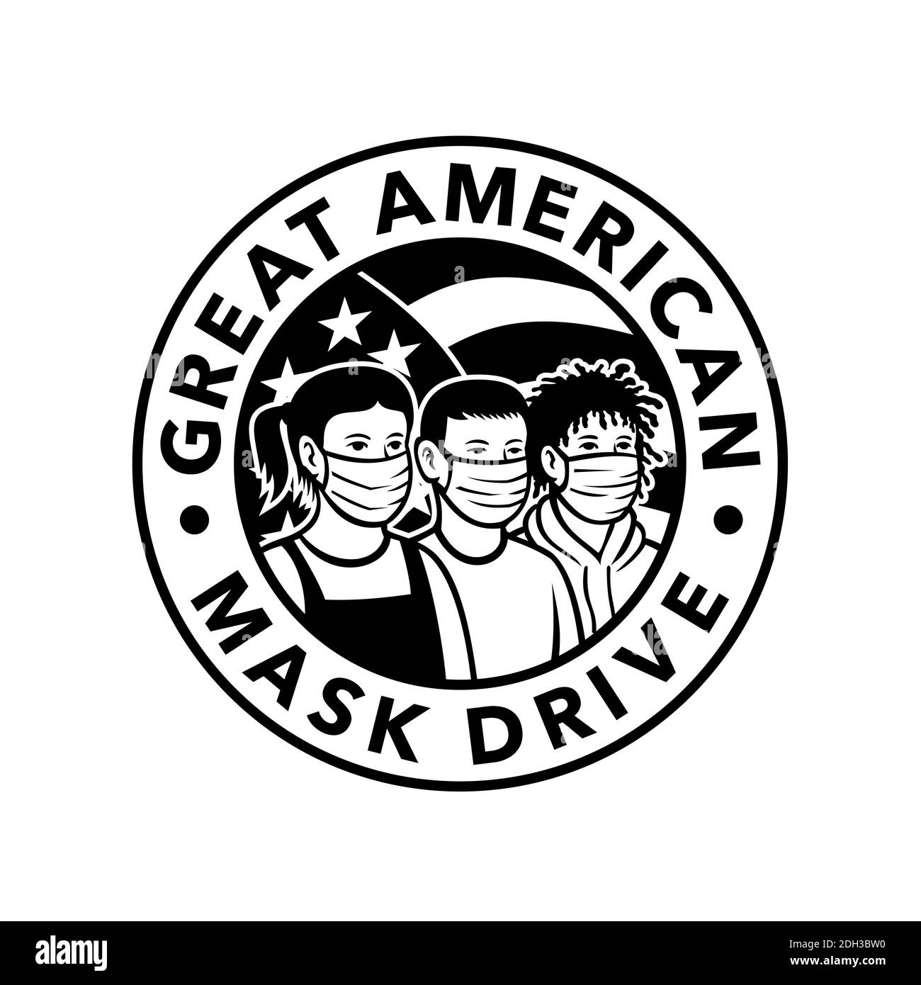 American Children of different Ethnicity Wearing Face Mask Circle retro Bianco e nero Foto Stock