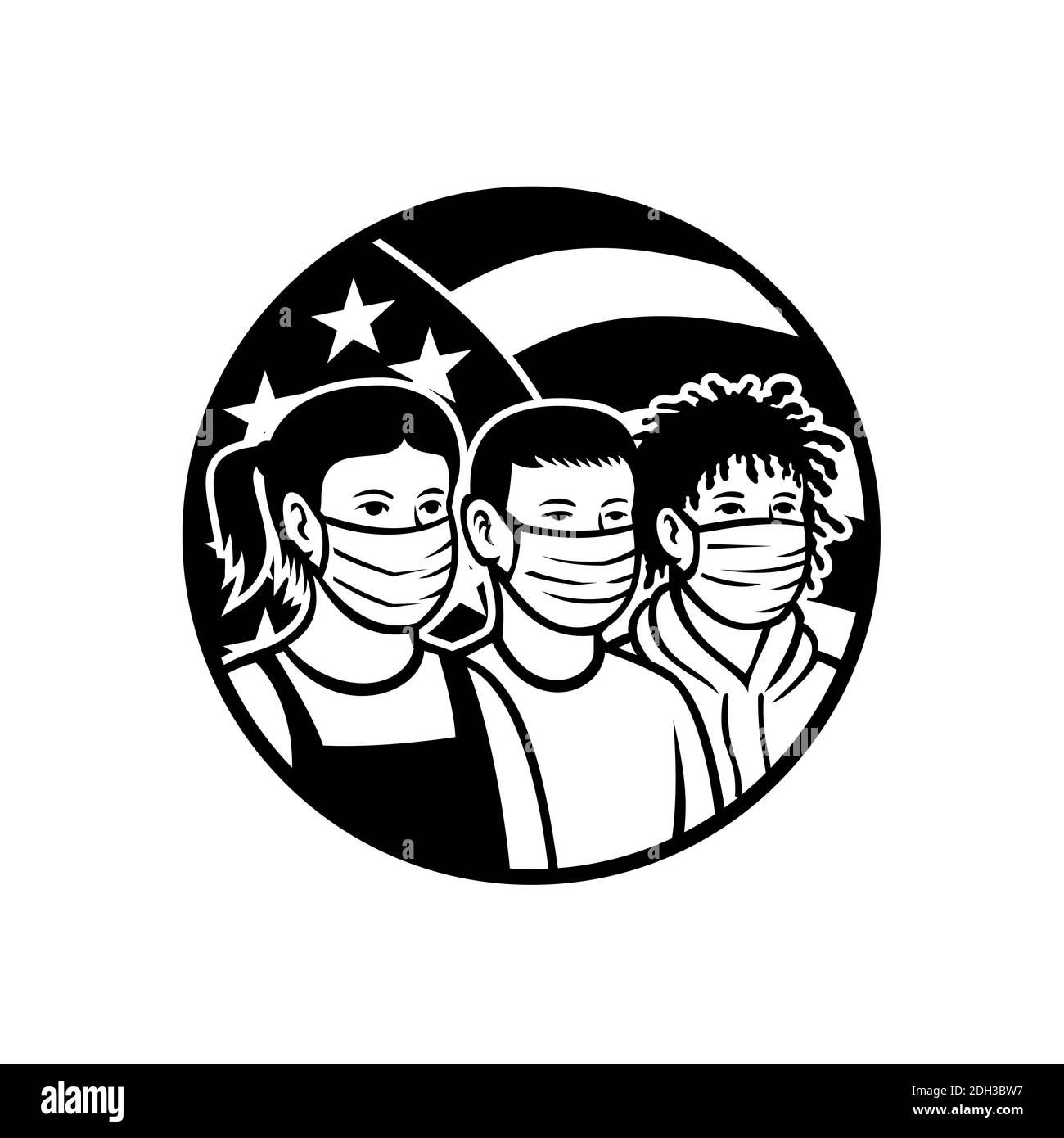 American Children of different Race Wearing Face Mask Circle retro Bianco e nero Foto Stock