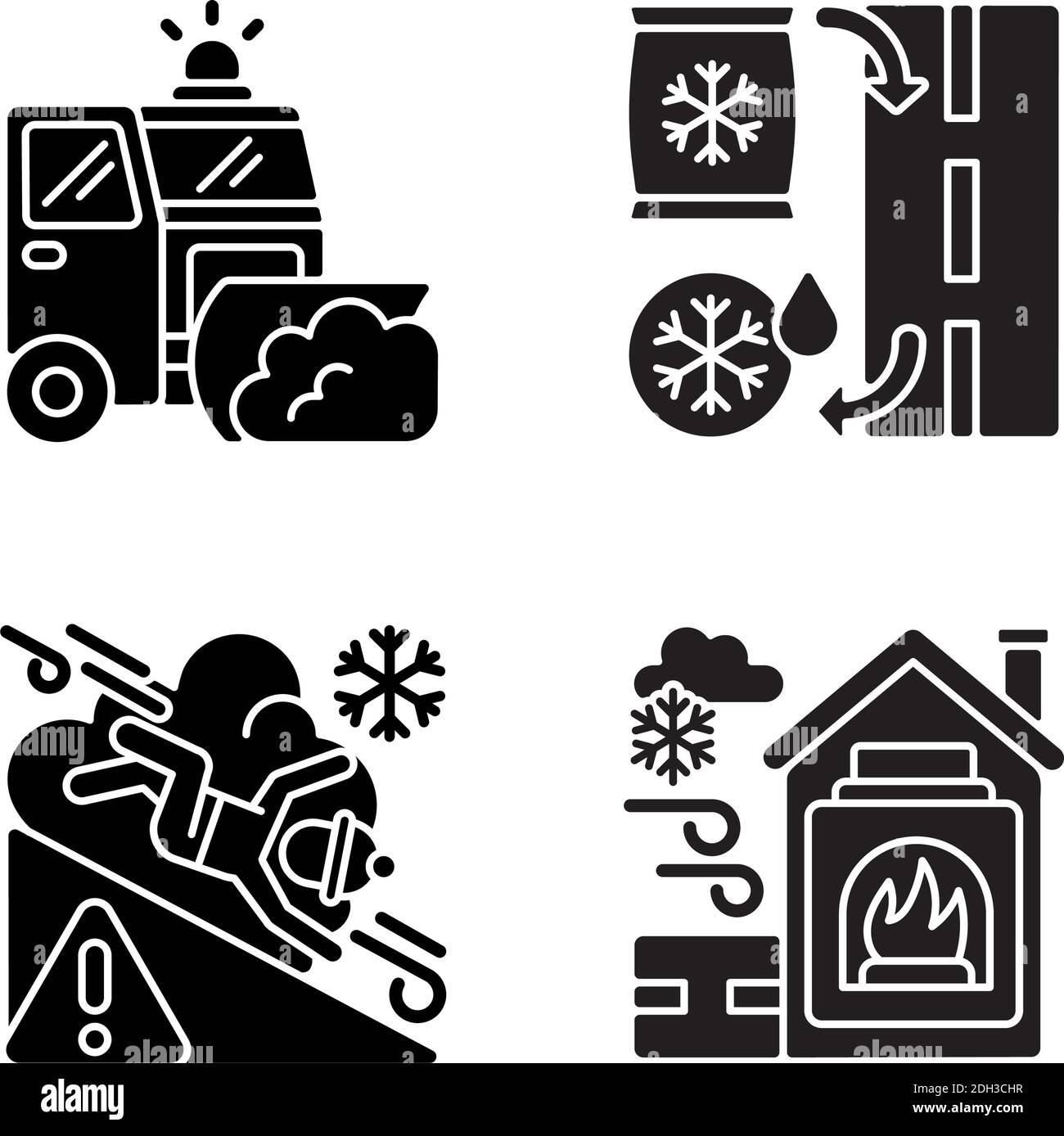 Le icone glifo nere dei servizi di eliminazione del ghiaccio sono impostate su uno spazio vuoto Illustrazione Vettoriale