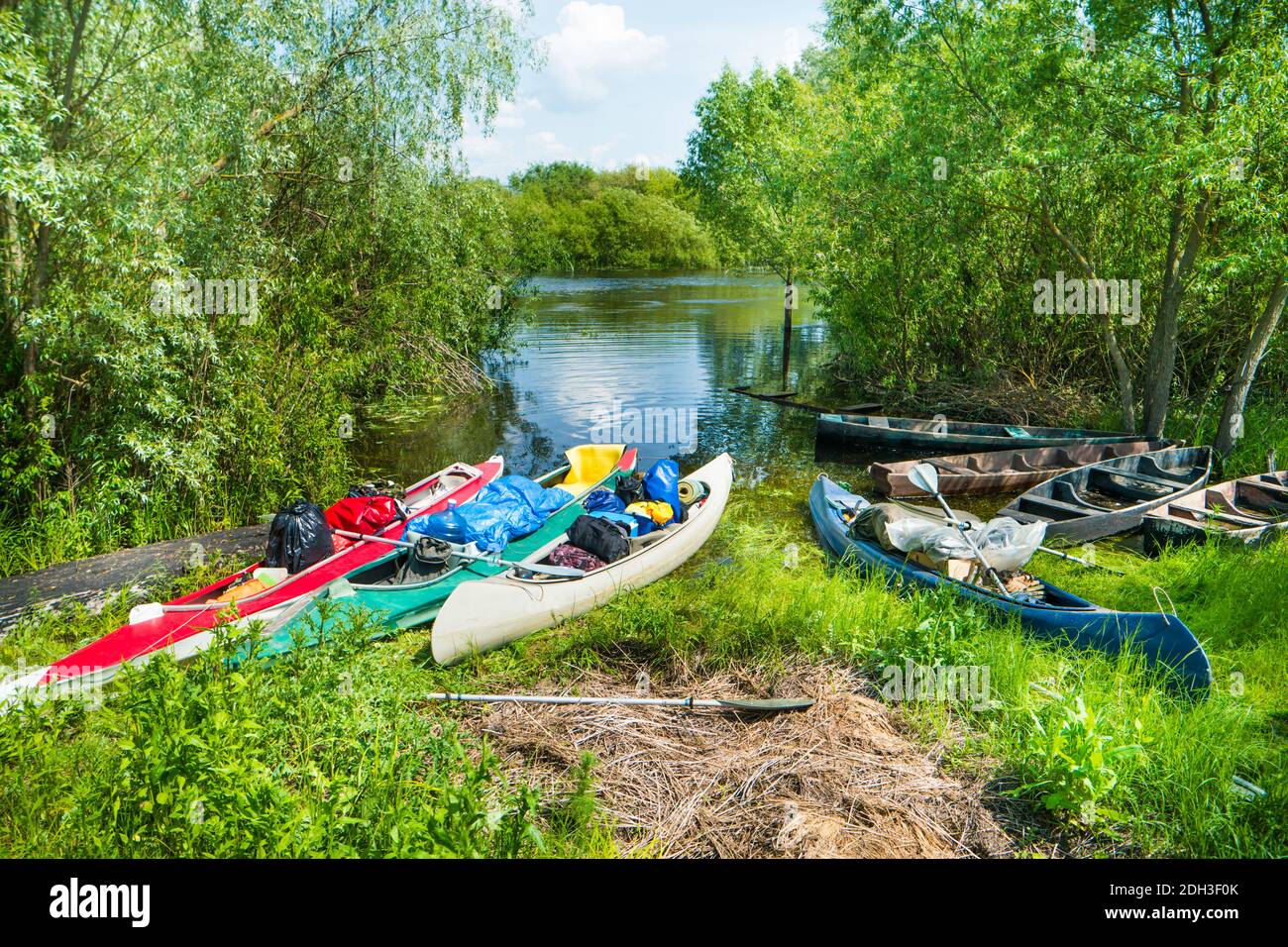 Molti kayak carichi con carico di carico sul fiume Foto Stock