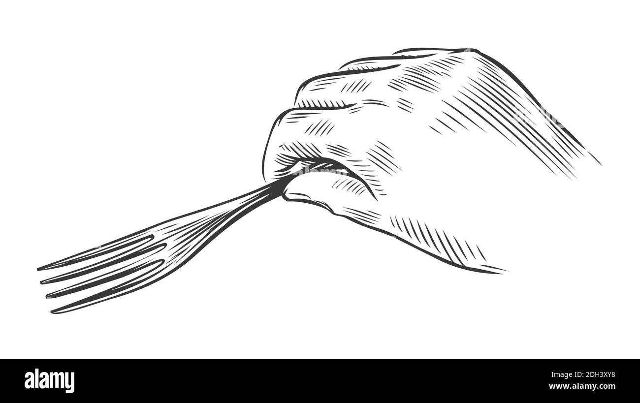 Schizzo della forcella in mano. Ristorante, cucina, concetto di cibo vintage illustrazione vettoriale Illustrazione Vettoriale