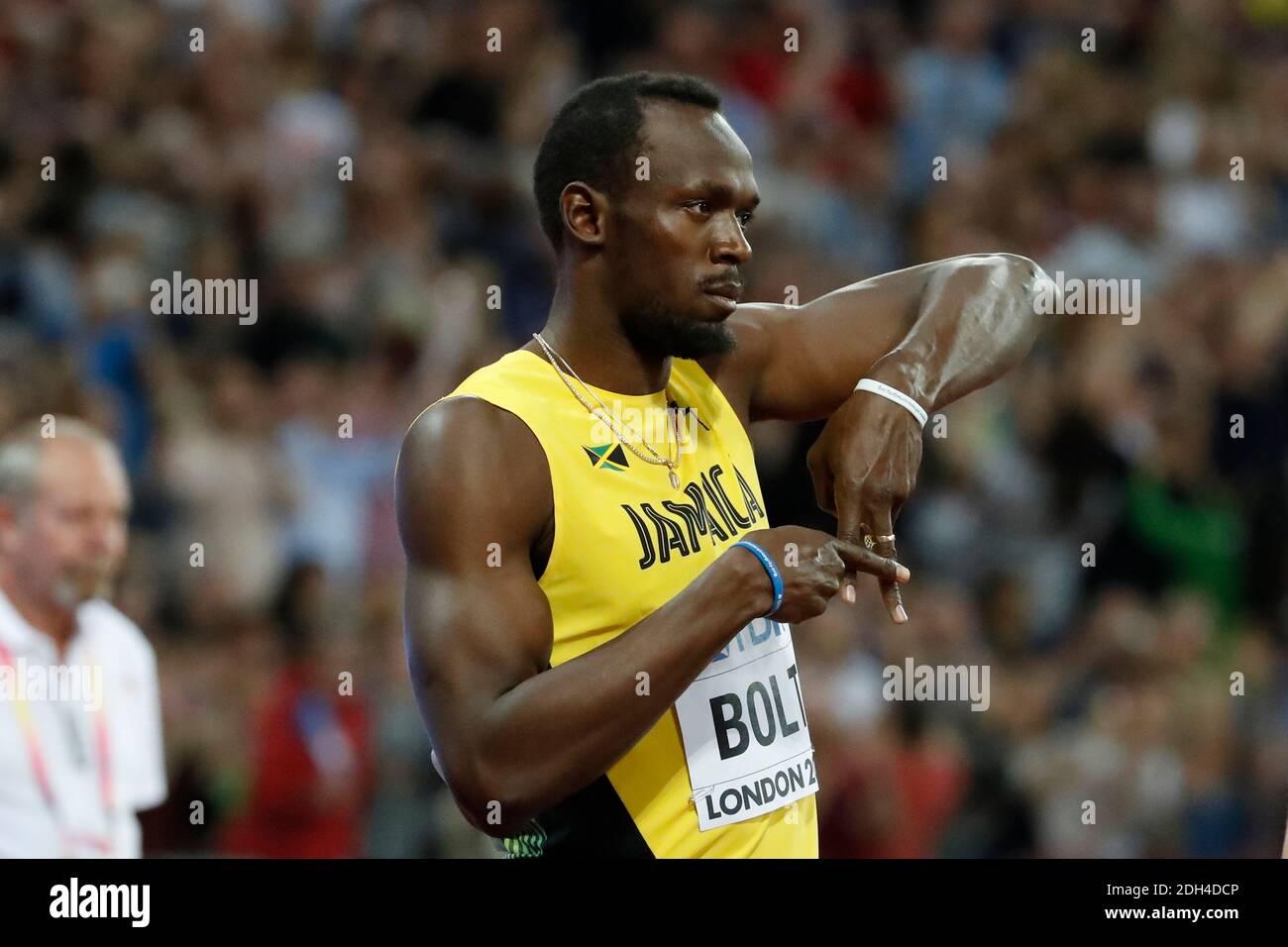 Giamaica Usain Bolt nei 100m uomini di calore sei durante il giorno uno dei campionati mondiali IAAF 2017 al London Stadium, UK, 4 agosto 2017. Foto di Henri Szwarc/ABACAPRESS.COM Foto Stock