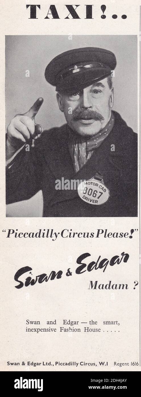 Annuncio vintage per 'swan & Edgar'. Grandi magazzini londinesi del 1900. Il conducente dell'automobile indossa il cappuccio e il numero del conducente. Foto Stock