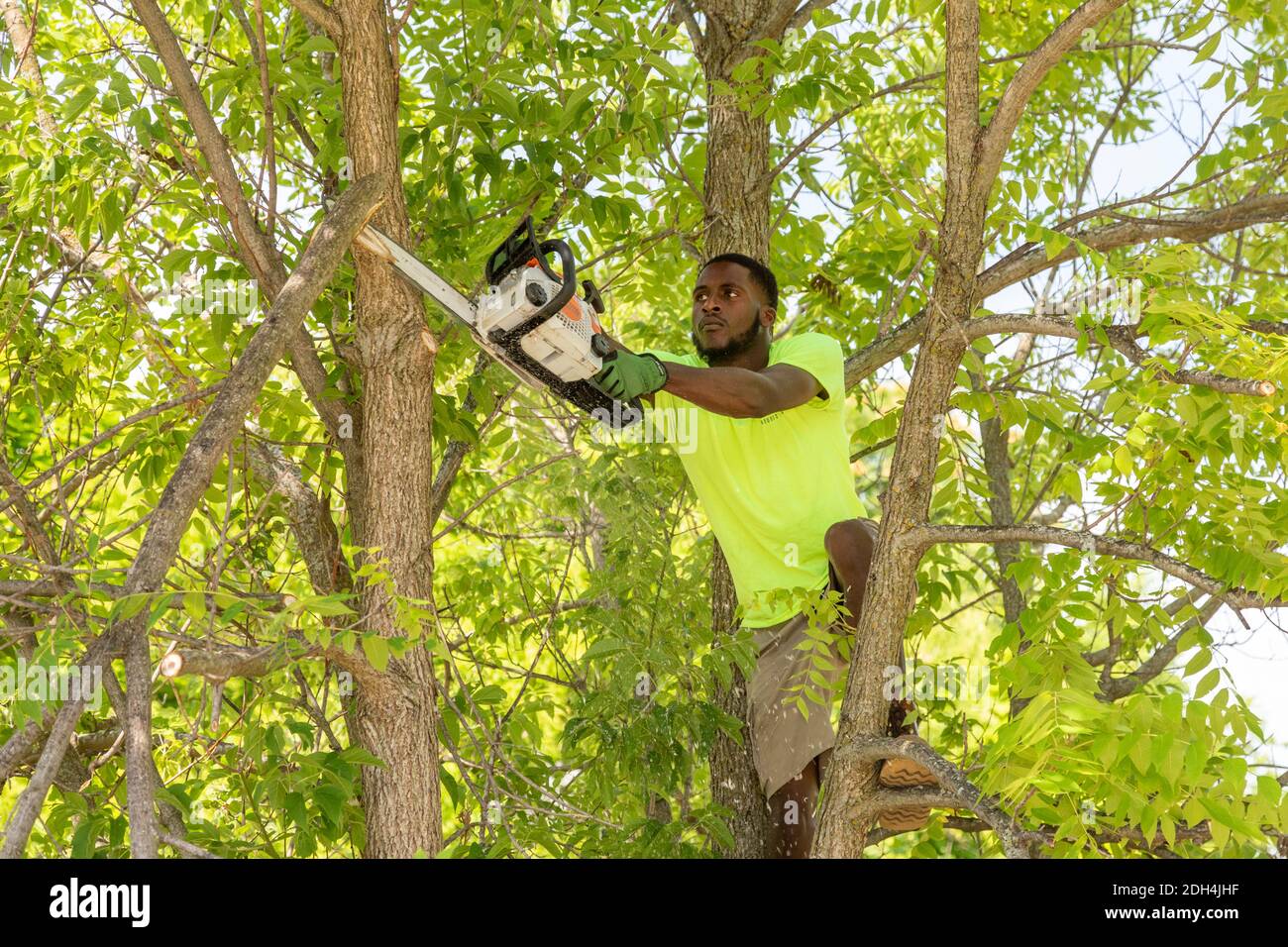 Flint, Michigan - i lavoratori del Michigan Grounds Crew partecipano a una comunità di pulizia dei lotti vacanti. Foto Stock