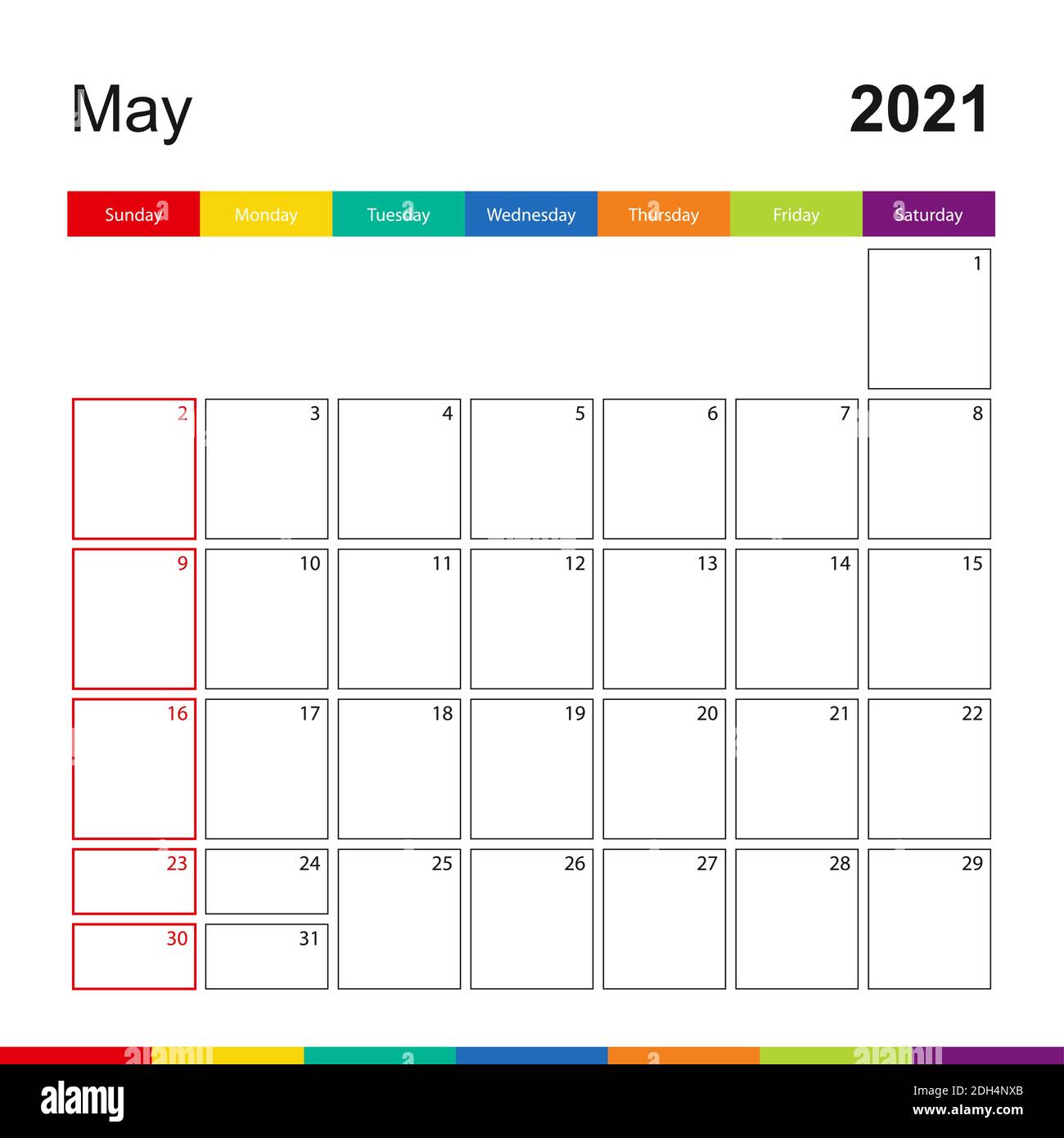 Maggio 2021 colorato calendario da parete, la settimana inizia la Domenica.  2021 modello di calendario Immagine e Vettoriale - Alamy