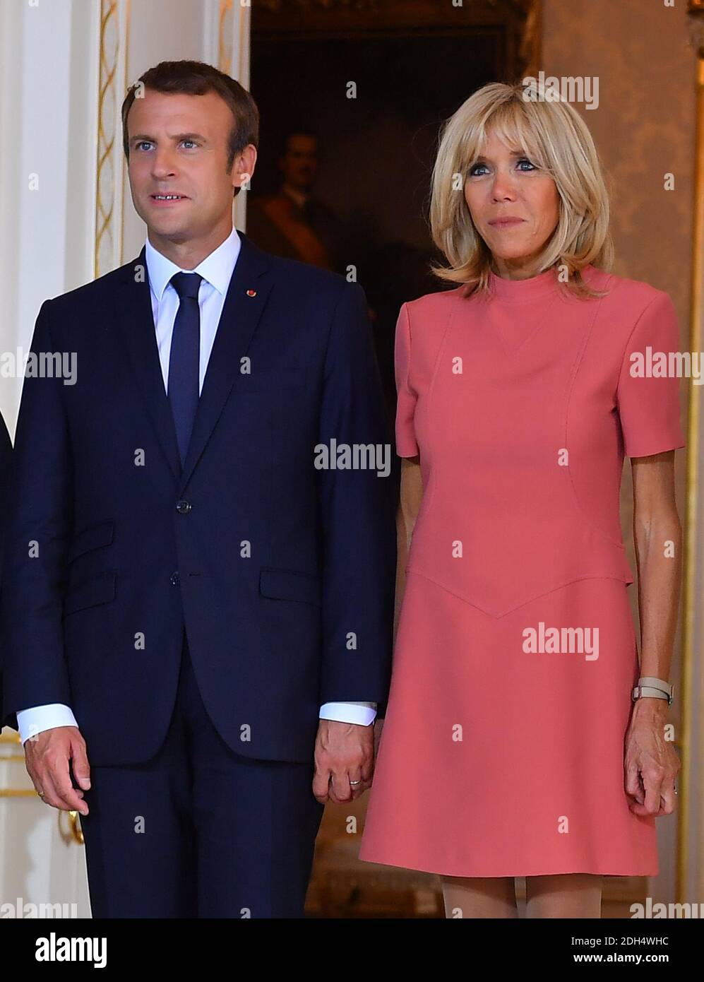 Il presidente francese Emmanuel Macron e sua moglie Brigitte sono accolti dal Granduca Henri e dalla Granduchessa Maria Teresa di Lussemburgo al Palazzo granducale, a Lussemburgo, il 29 agosto 2017. Foto di Christian Liegi/ABACAPRESS.COM Foto Stock