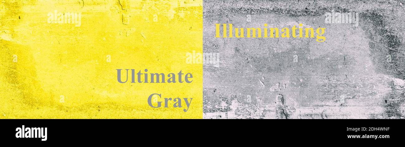 Piacevole fondo in cemento di colore giallo e grigio, superficie naturale testurizzata. Testo con nome di nuovi colori di 2021 anni Foto Stock