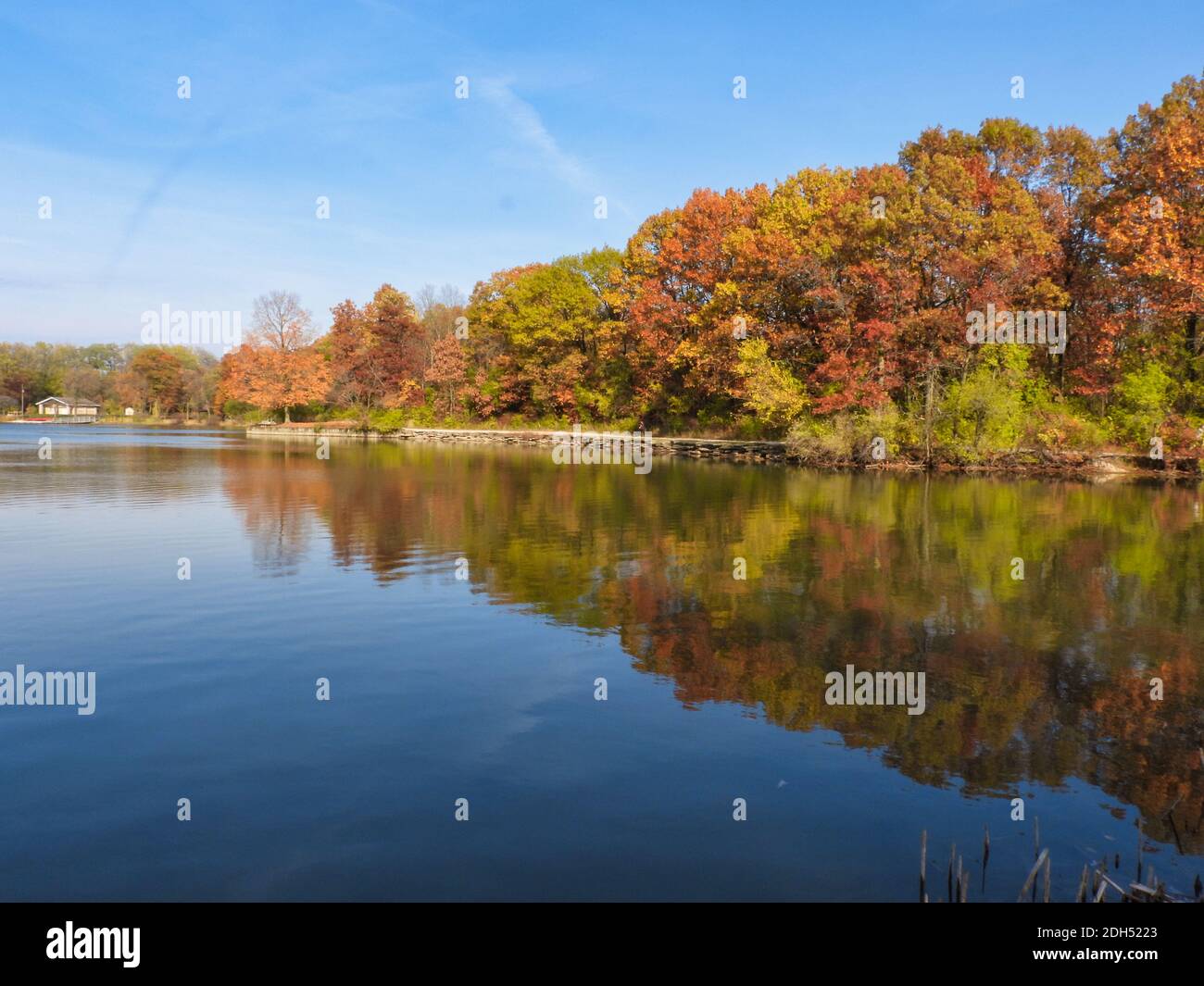 Splendida scena autunnale di alberi colorati che si erigono lungo il lago Shore con Boat House a lato, cielo blu luminoso con striature nuvole il tutto riflesso in calma Foto Stock