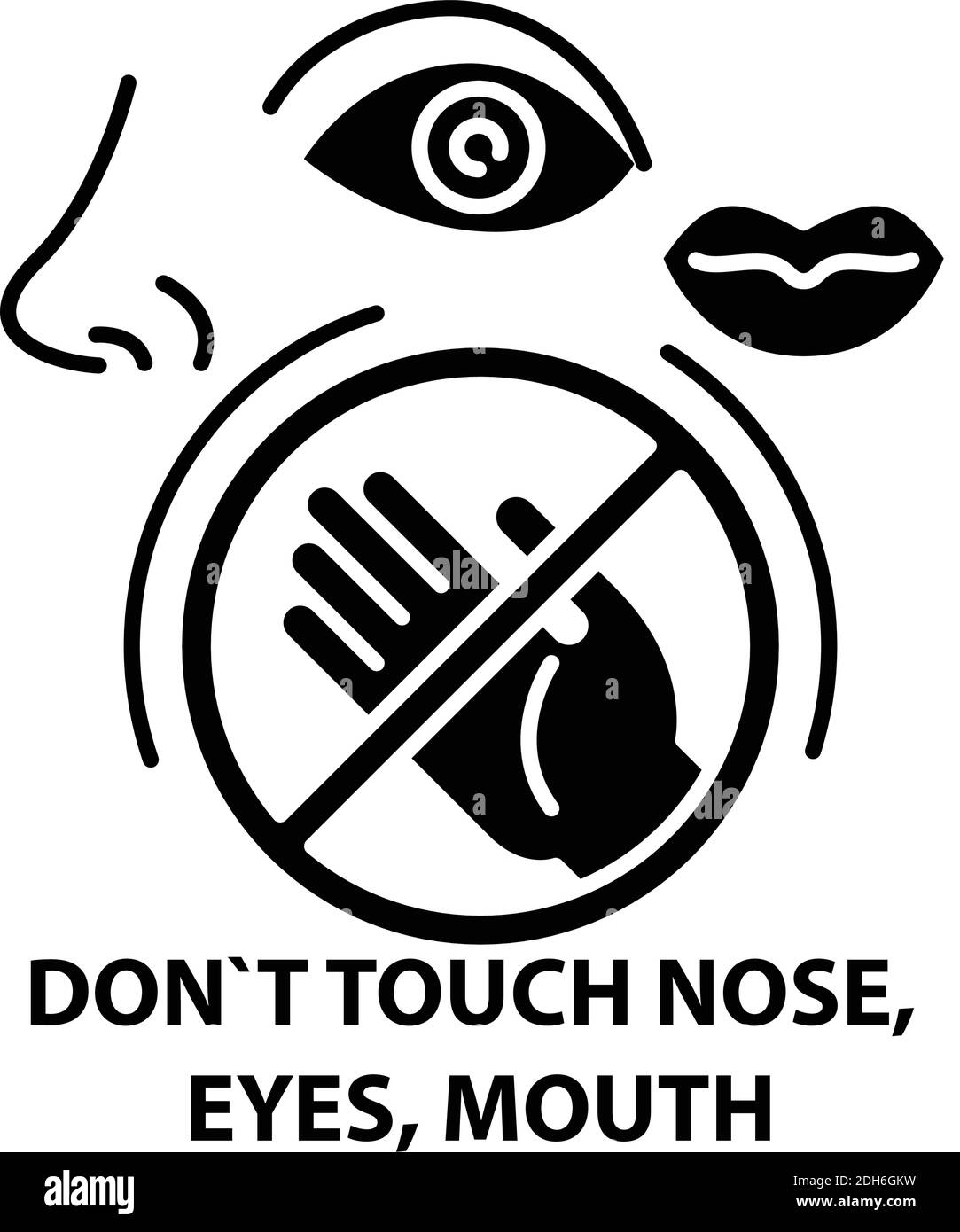 non toccare il naso, gli occhi, l'icona della bocca, il segno vettoriale nero con tratti modificabili,n`t illustrazione del concetto Illustrazione Vettoriale