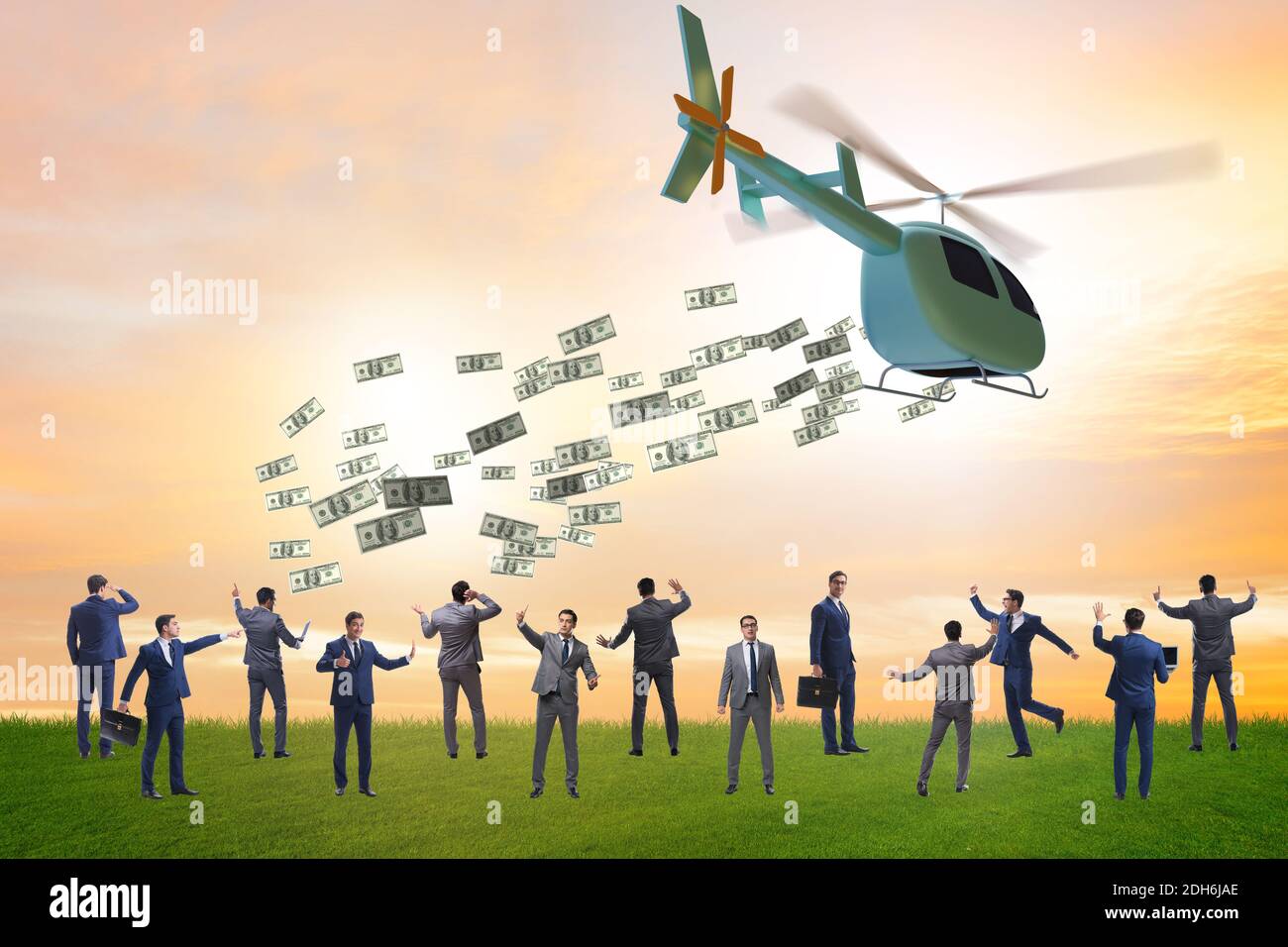 Uomo d'affari in concetto di denaro elicottero Foto Stock
