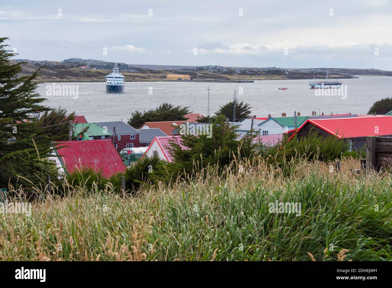 Case sulla spiaggia, Port Stanley, Isole Falkland Foto Stock