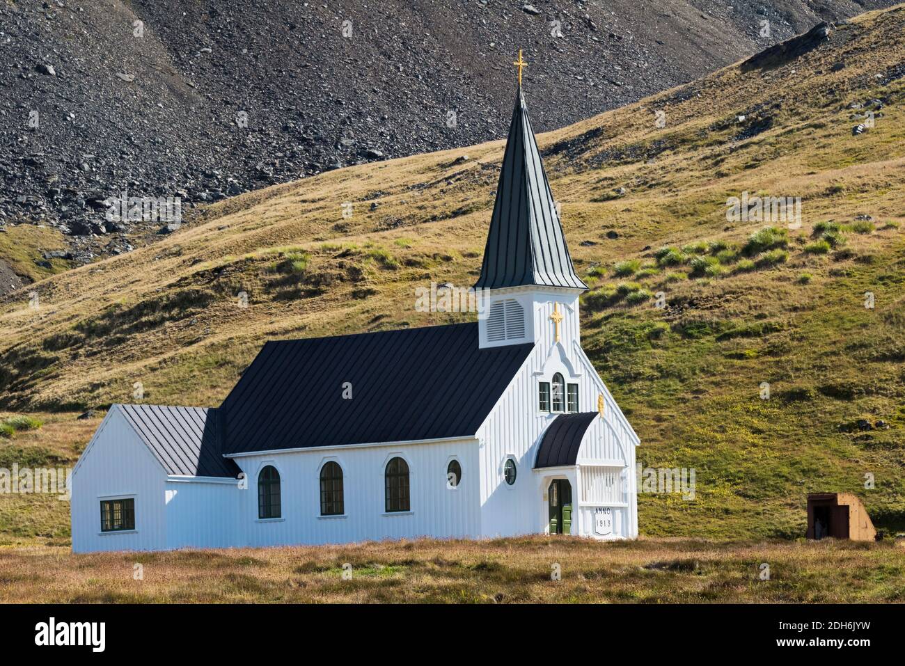 Chiesa Anglicana Norvegese (conosciuta come Chiesa delle balene o Chiesa di Grytviken), Grytviken, Isola della Georgia del Sud Foto Stock