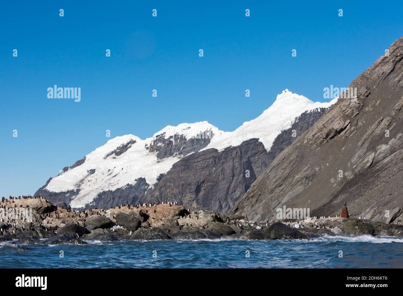 Pinguini e busto del capitano Luis Pardo Villalon sulla spiaggia, Point Wild, Isola degli Elefanti, Antartide Foto Stock