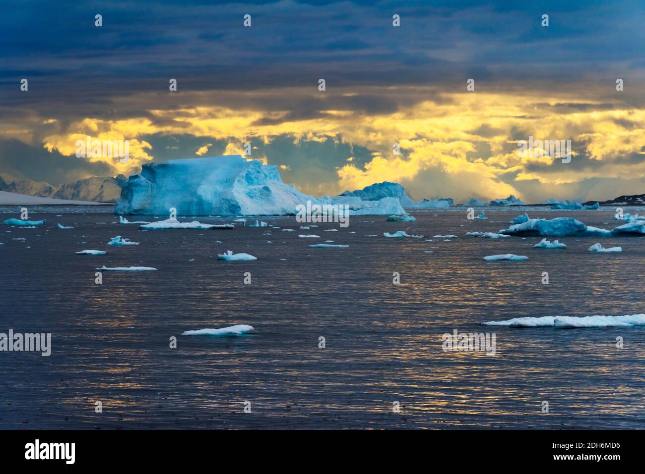 Iceberg nell'Oceano Atlantico del Sud all'alba, Antartide Foto Stock