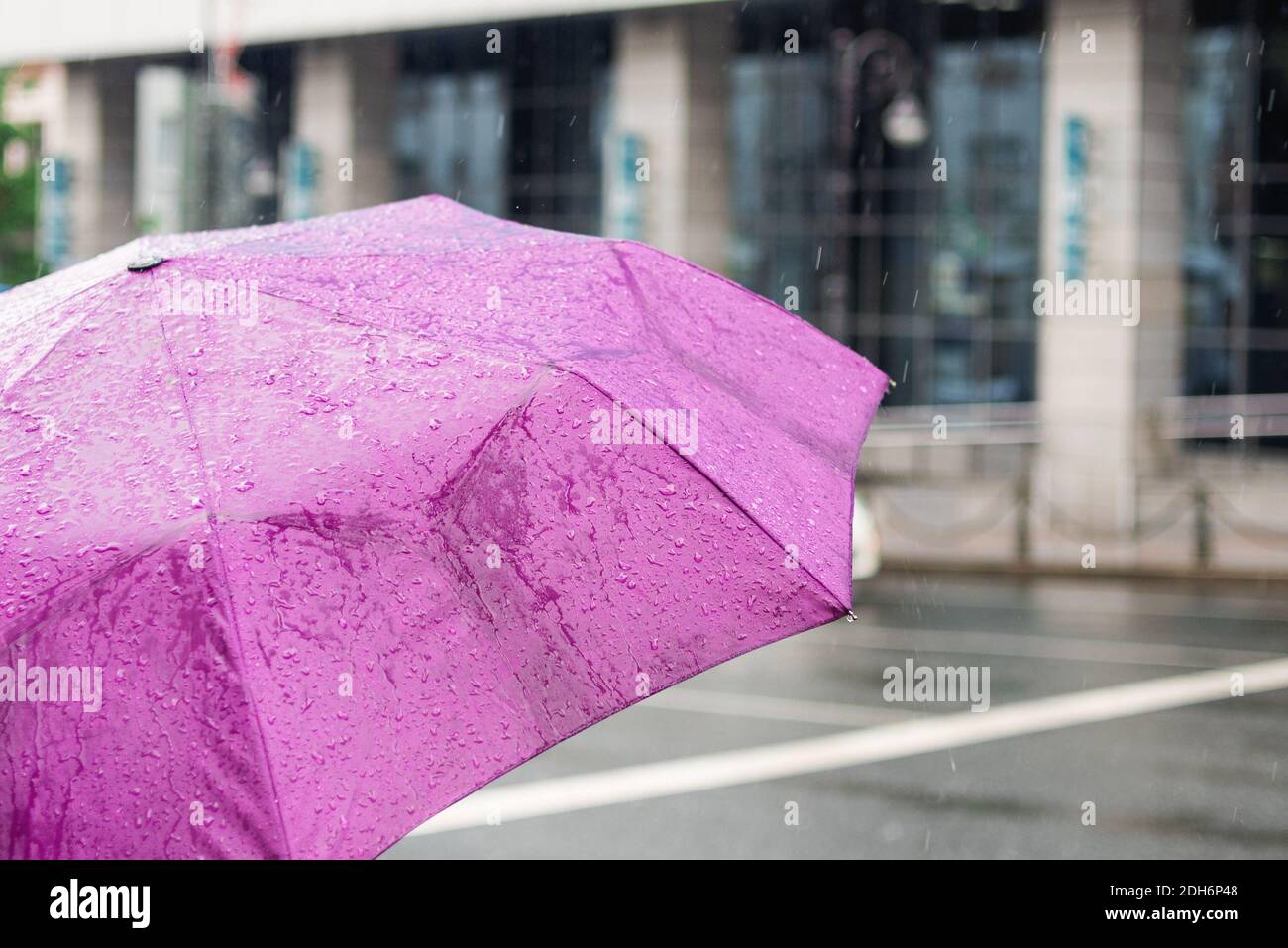 Maltempo. Giorno piovoso. Ombrello con gocce di pioggia sullo sfondo della città. Stile cittadino. Foto Stock