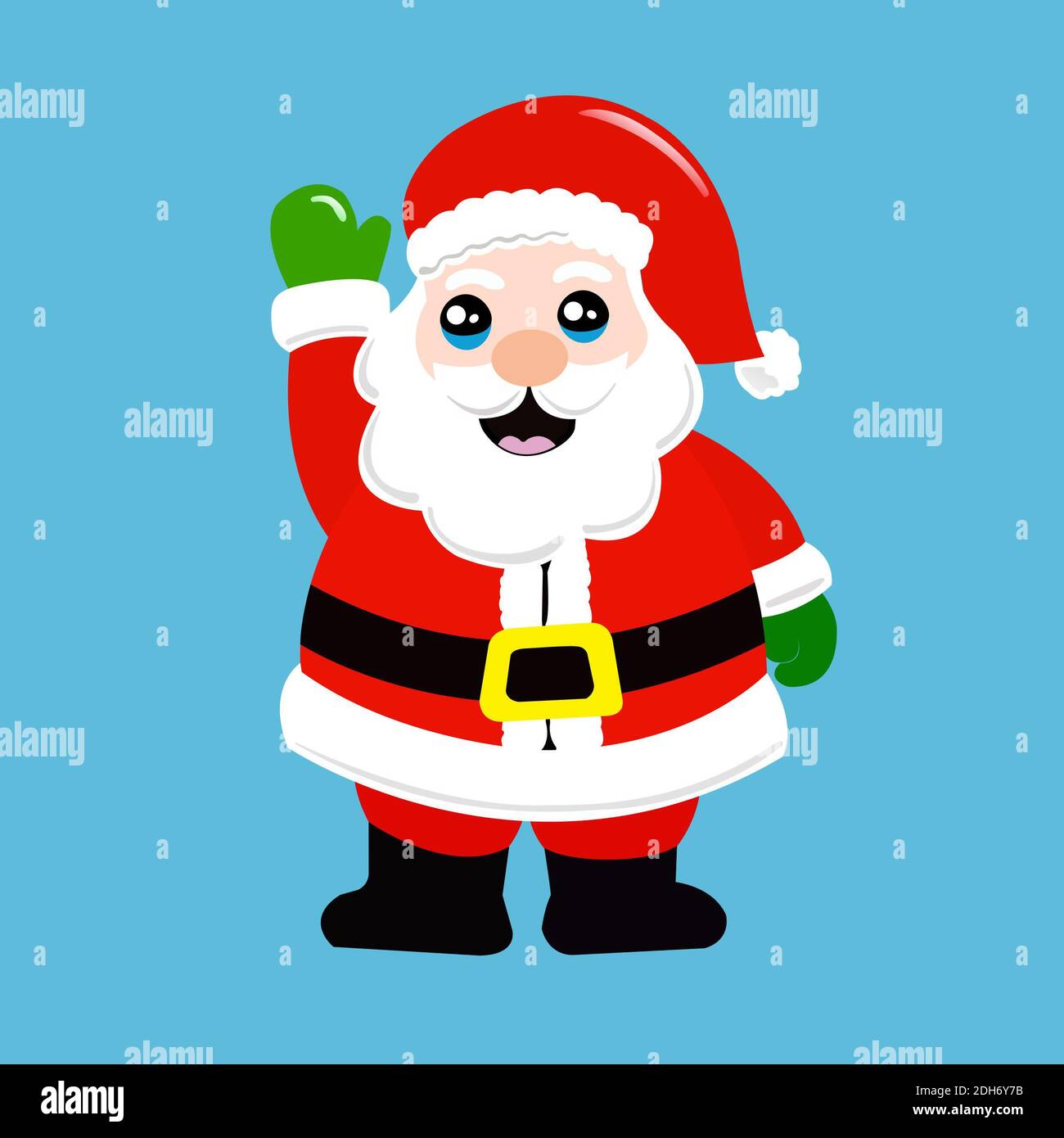 Carino sorriso babbo natale su sfondo blu. Felice personaggio cartoon in costume rosso. Foto Stock