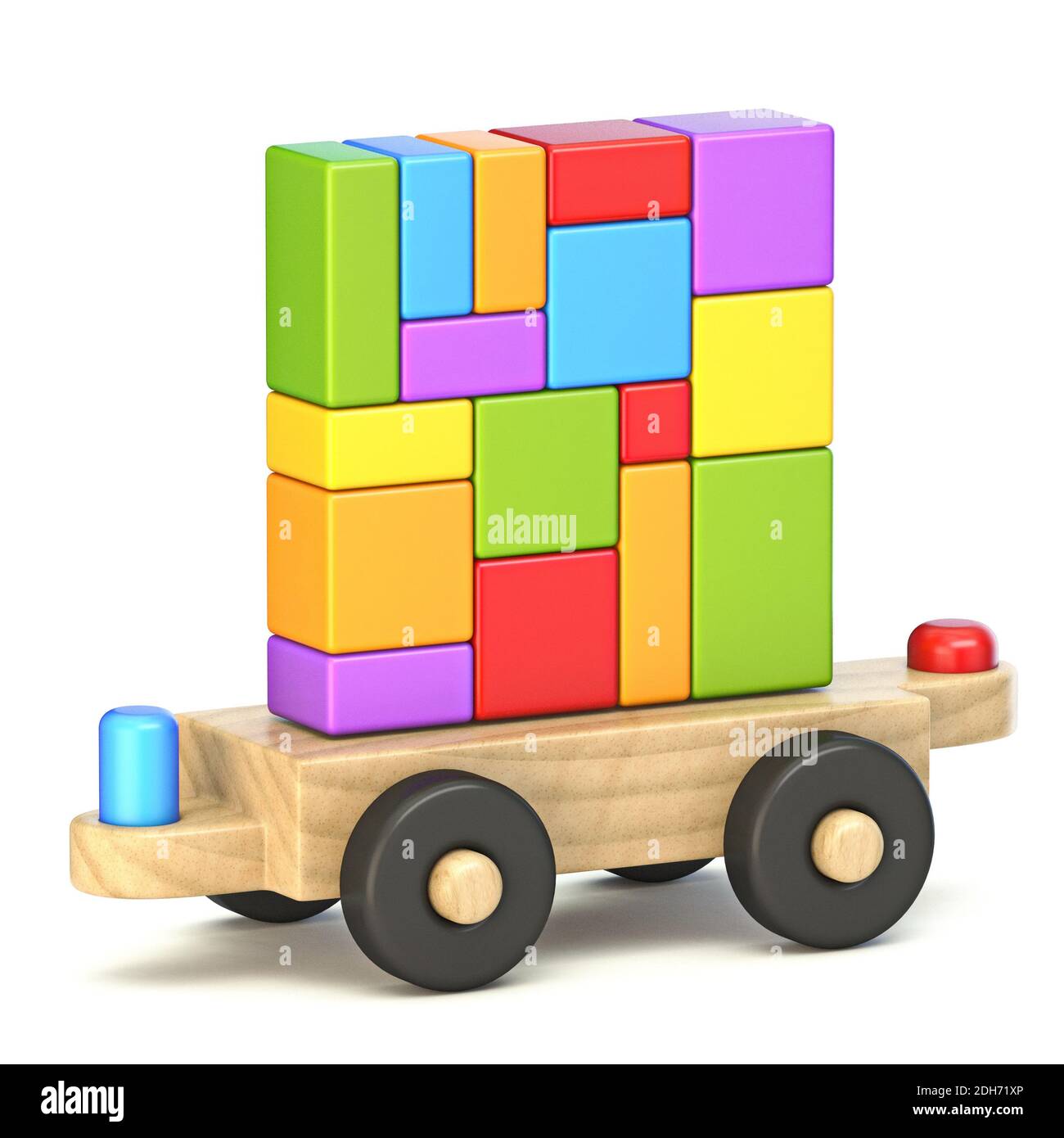 Vagone in legno con colorati mattoni giocattolo 3D Foto Stock