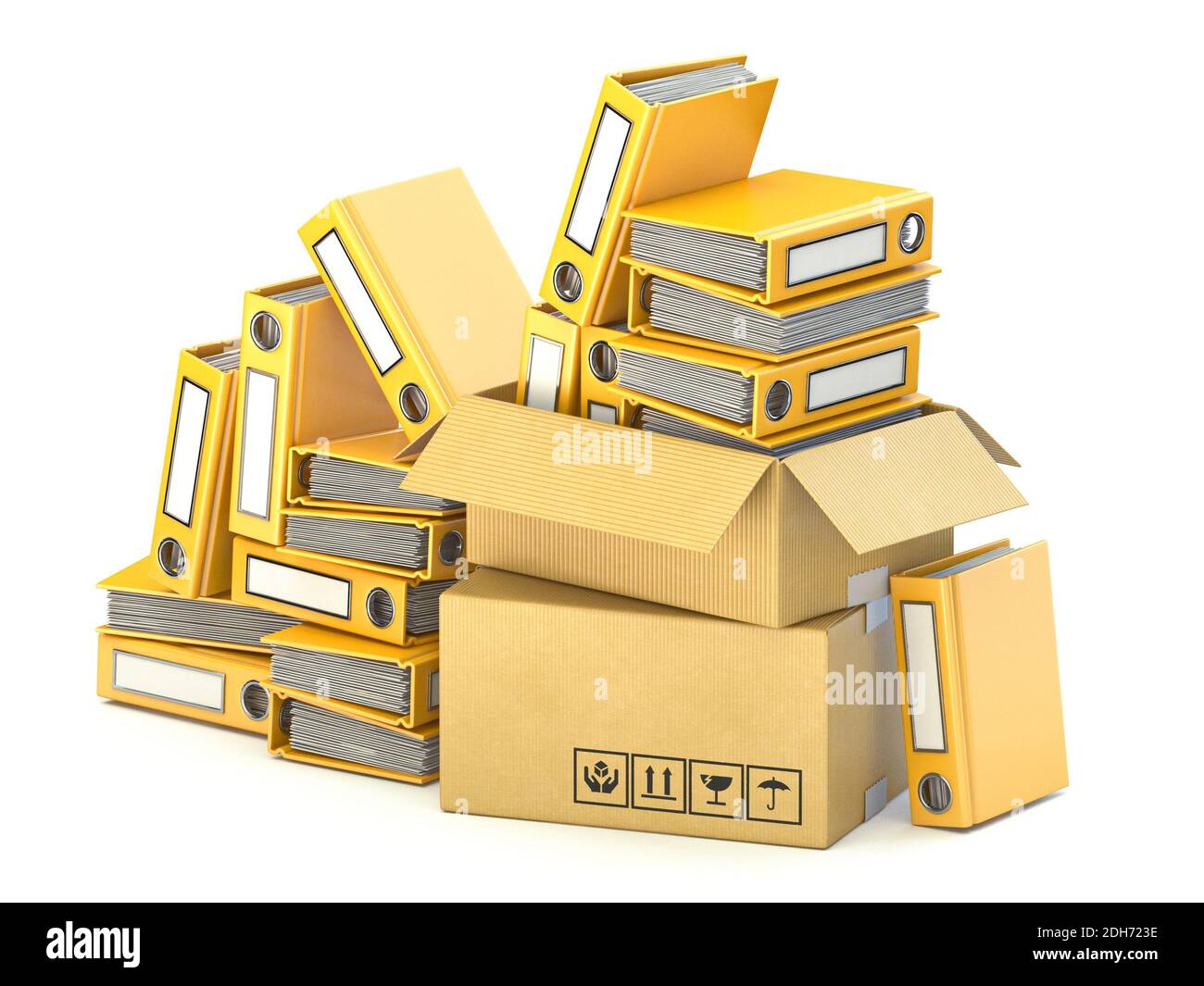 Gruppo di cartelle di file gialle in scatole di cartone 3D Foto Stock