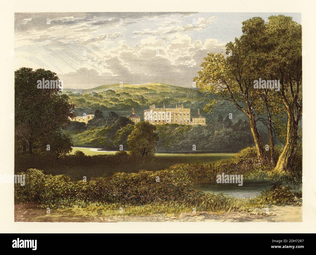 Denton Hall, Yorkshire, Inghilterra. Palazzo neoclassico progettato da John Carr nel 1778 per Sir James Ibbetson, 2° bart. Casa di Marmaduke Wyvill, MP e maestro di scacchi. Color woodblock di Benjamin Fawcett nel processo di Baxter di un’illustrazione di Alexander Francis Lydon del reverendo Francis Orpen Morris una serie di pittoresche vedute delle sedi dei nobili e dei signori della Gran Bretagna e dell’Irlanda, William Mackenzie, Londra, 1880. Foto Stock