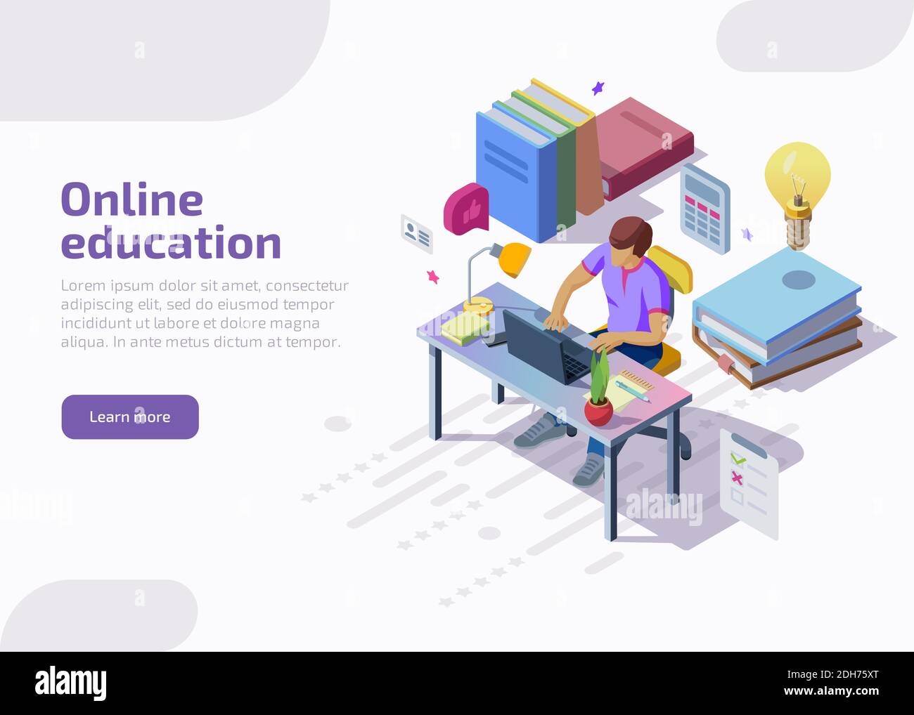 Formazione a distanza online isometrica, formazione, corsi. Personaggio studente seduto alla scrivania, studiando al computer, scrivendo l'esame universitario, imparando i compiti. Modello di landing page, banner Web vettoriale 3d Illustrazione Vettoriale