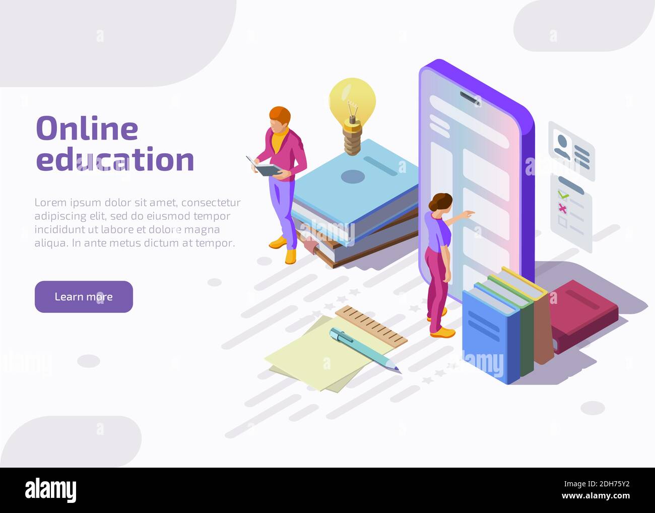 Illustrazione isometrica piatta della formazione in linea. Personaggi studenteschi che studiano corsi di formazione o su smartphone, leggendo libri. Concetto di studi universitari. Modello di landing page, banner Web vettoriale 3d. Illustrazione Vettoriale