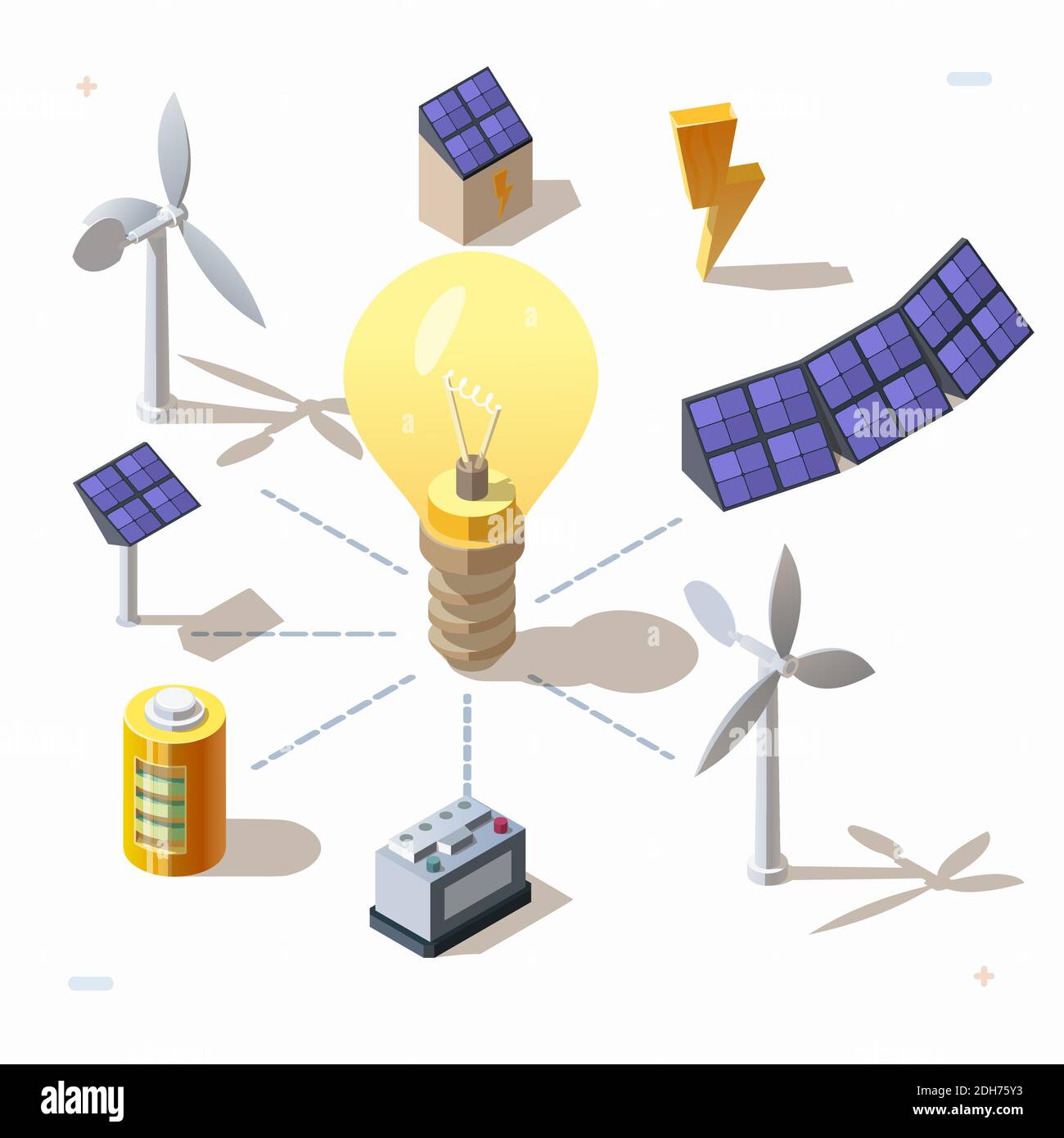 Set isometrico 3d di fonti energetiche rinnovabili eco alternative, icone di energia elettrica. Pannelli solari, lampadina elettrica, turbine eoliche, batteria, generatore di energia, tensione. Simboli vettoriali elettrici. Illustrazione Vettoriale