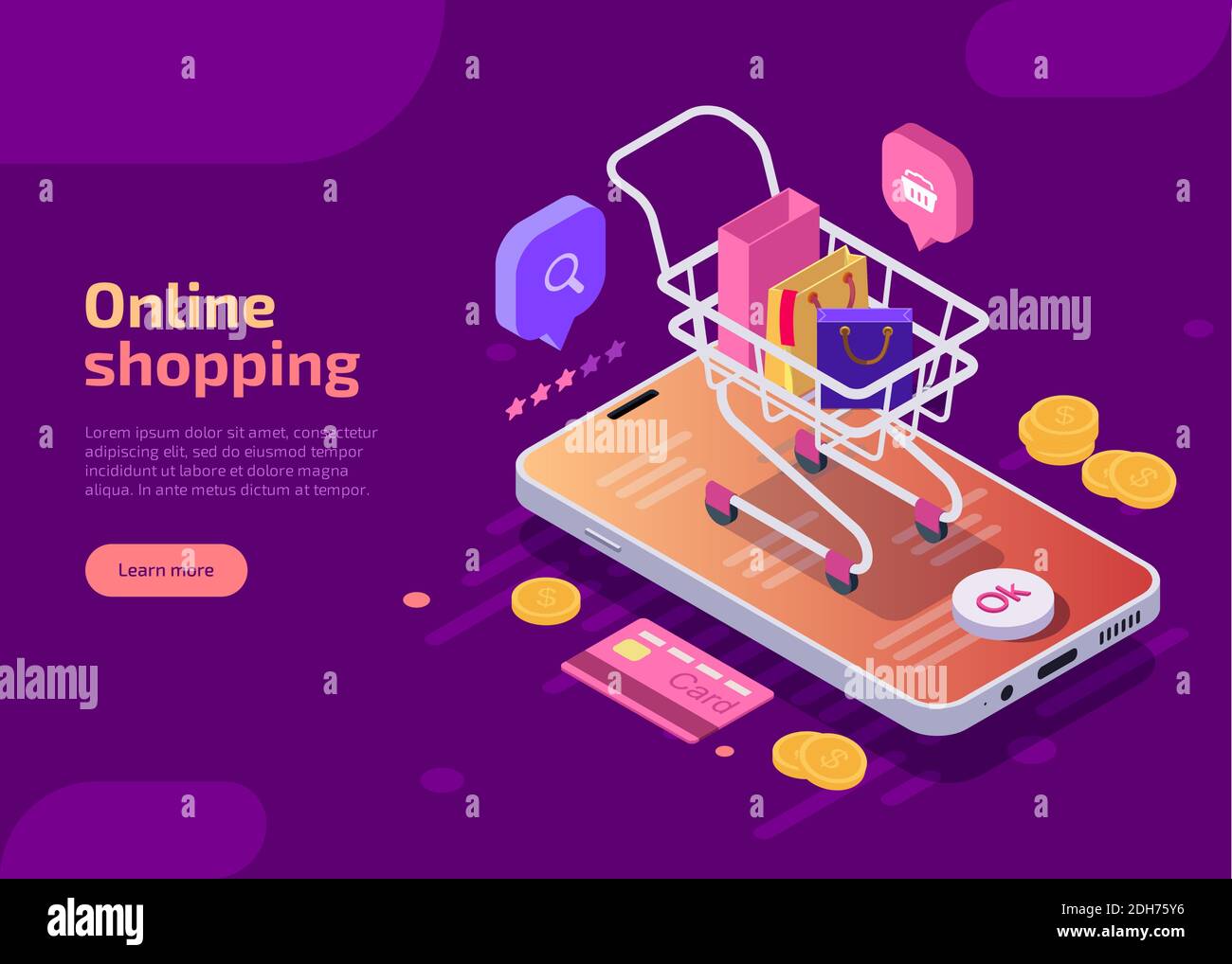 Shopping online, illustrazione vettoriale di concetto isometrico. Schermo per smartphone con pulsante di acquisto, carrello con borse o acquisti, carta di credito, monete su sfondo viola. Pagina Web di destinazione per app mobile. Illustrazione Vettoriale