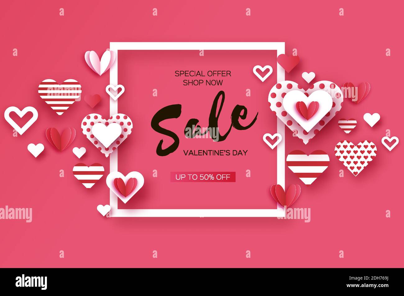 Buon giorno di San Valentino. Modello poster Super sale. Febbraio 14. Flying Love Hearts taglio di carta stile. Vacanza romantica. Cornice quadrata per il testo. Vettore Illustrazione Vettoriale