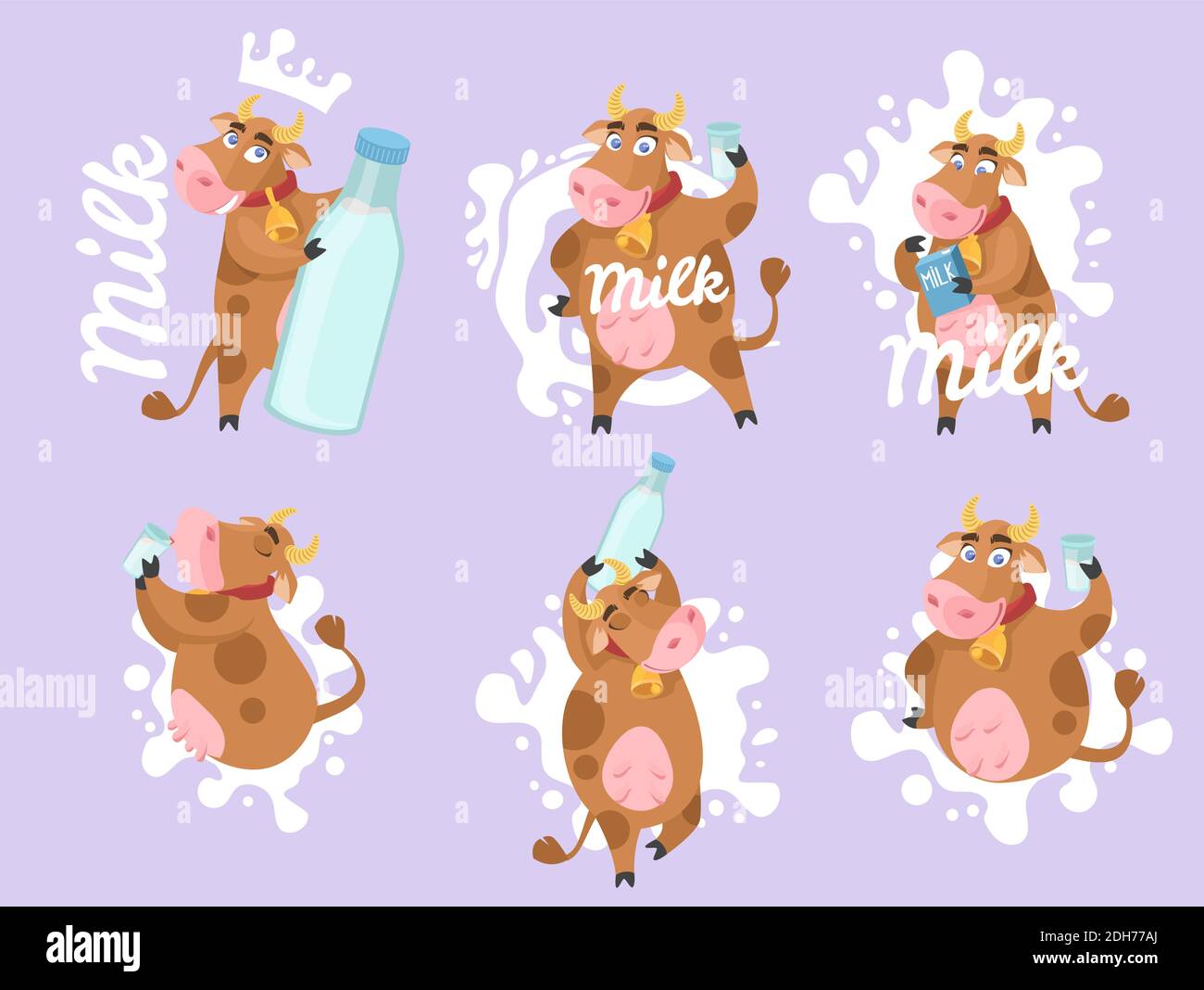 Carino mucca, animale da fattoria, mascotte cartoon set di caratteri, vettore piatto illustrazione isolata. Illustrazione Vettoriale