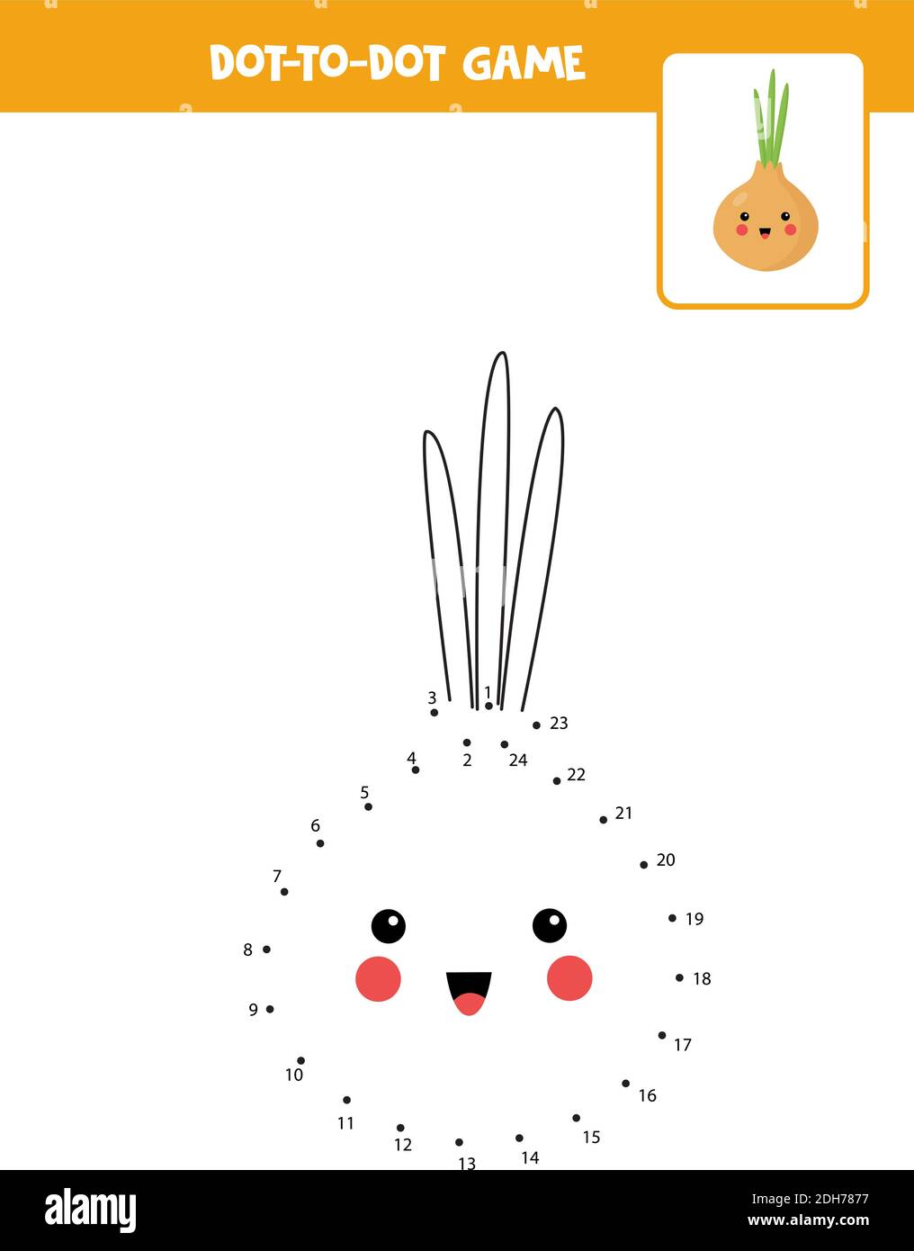 Collegare il gioco Dots con la cipolla kawaii cartoon. Foglio di lavoro didattico. Illustrazione Vettoriale